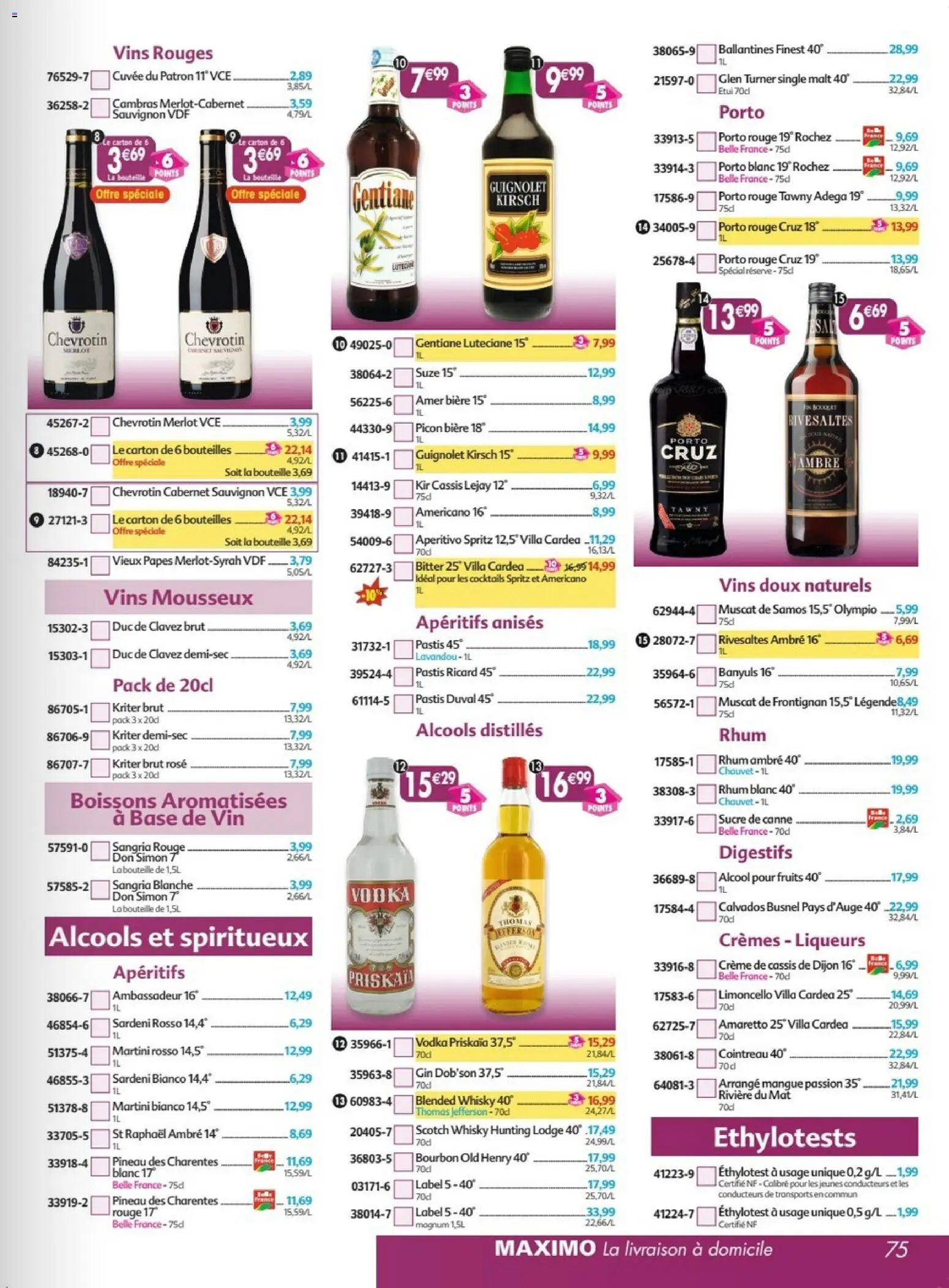 Prévisualisation de Maximo catalogue epicerie du magasin Maximo formulaire valide 26/10/2026 - Cocktails, Ricard, Calvados, Magnum, Pastis, Pineau des charentes, Kirsch, Éthylotest a usage unique