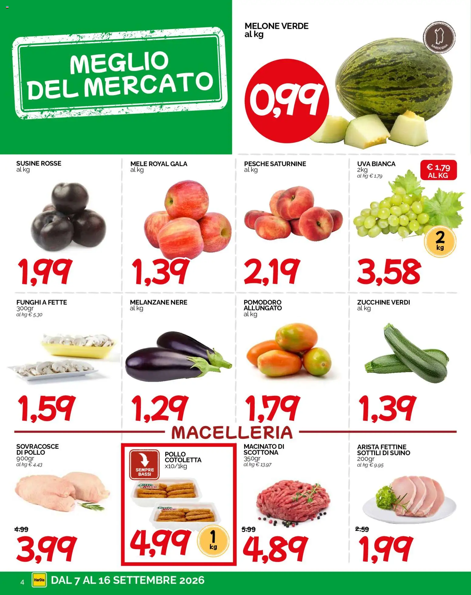 Anteprima dell'opuscolo HarDis volantino dal negozio HarDis valido da 07/09/2026 - Pollo, Funghi, Pomodoro, Susine, Suino, Mele, Pesche, Macinato