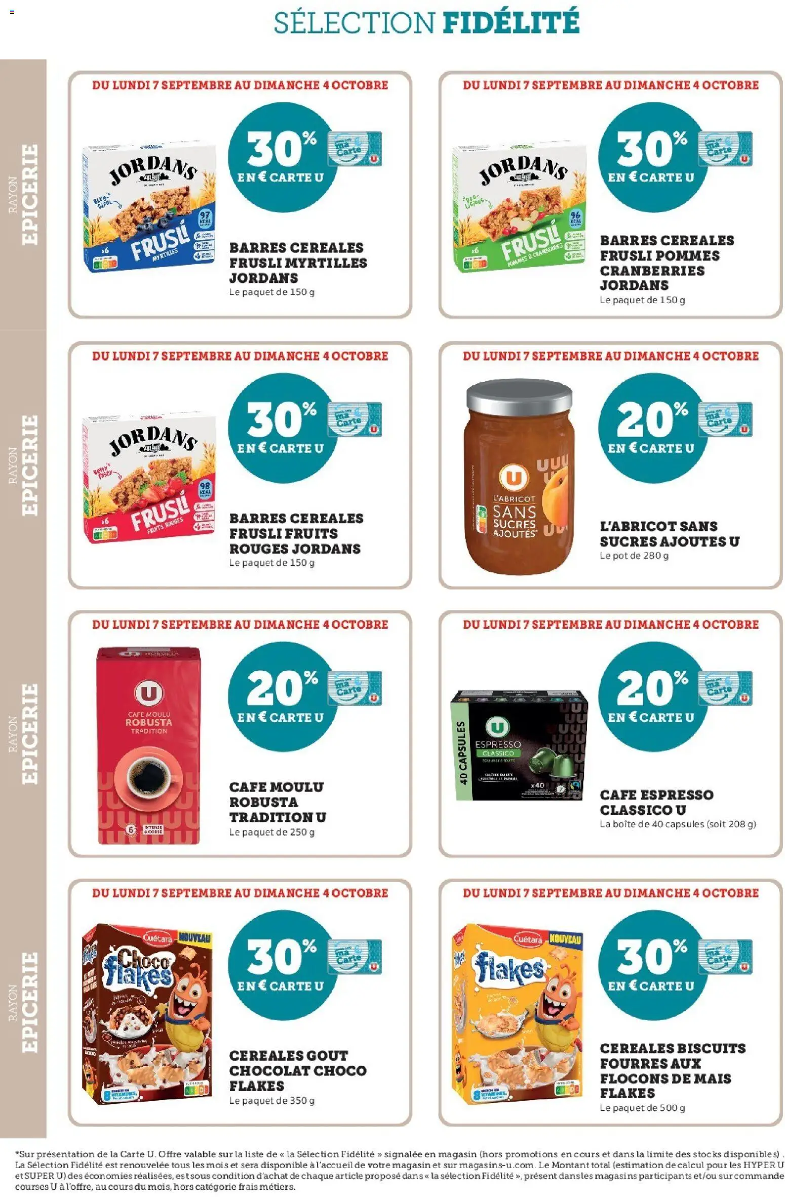 Prévisualisation de Super U - Ma sélection Carte U Septembre du magasin Super U formulaire valide 07/09/2026 - Café, Chocolat, Fruits, Myrtilles, Biscuits, Céréales, Café moulu, Flocons de maïs