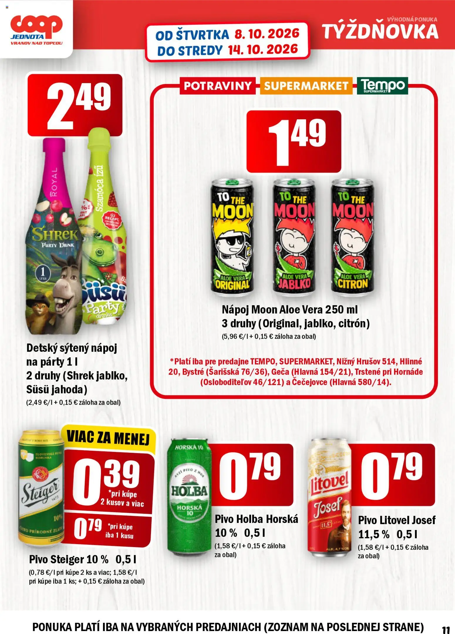 Náhľad COOP Jednota letáku platného od 08.10.2026 - Pivo, Aloe Vera, Steiger