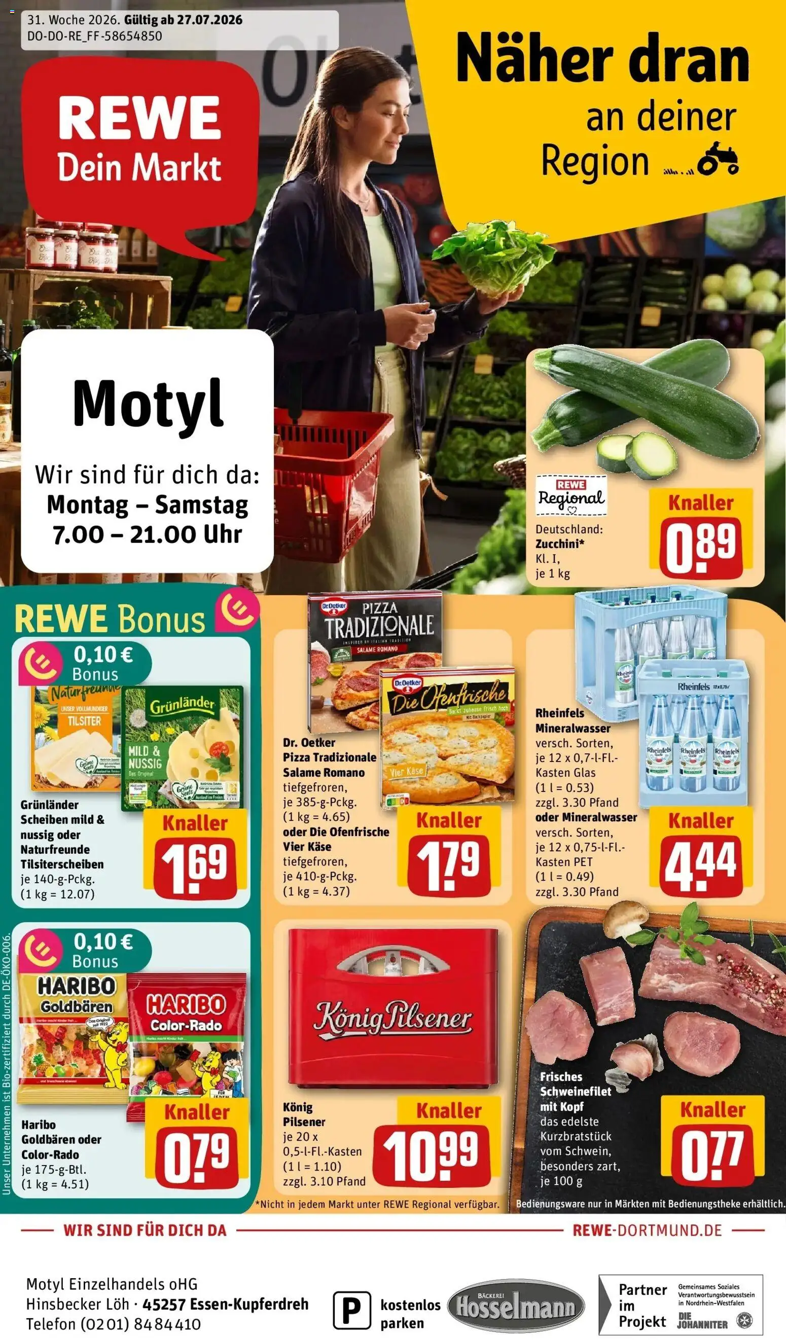 Vorschau von dem Prospekt des Geschäftes Rewe, gültig ab dem 27.07.2026 - Bäckerei, Pizza, Uhr, Telefon, Käse, Mineralwasser, Schweinefilet, Grunlander