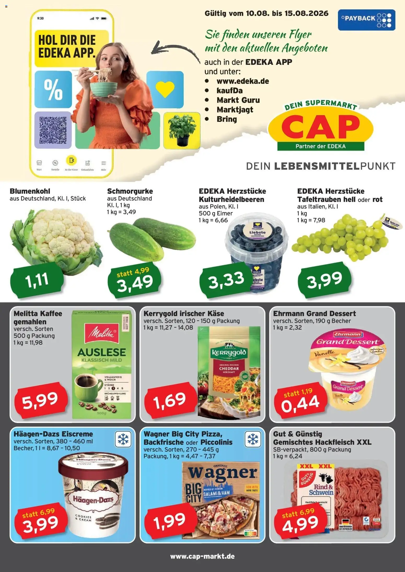 Vorschau von dem Prospekt des Geschäftes CAP Markt, gültig ab dem 10.08.2026 - Käse, Blumenkohl, Hackfleisch, Piccolinis, Salami, Vanille, Melitta, Melitta kaffee