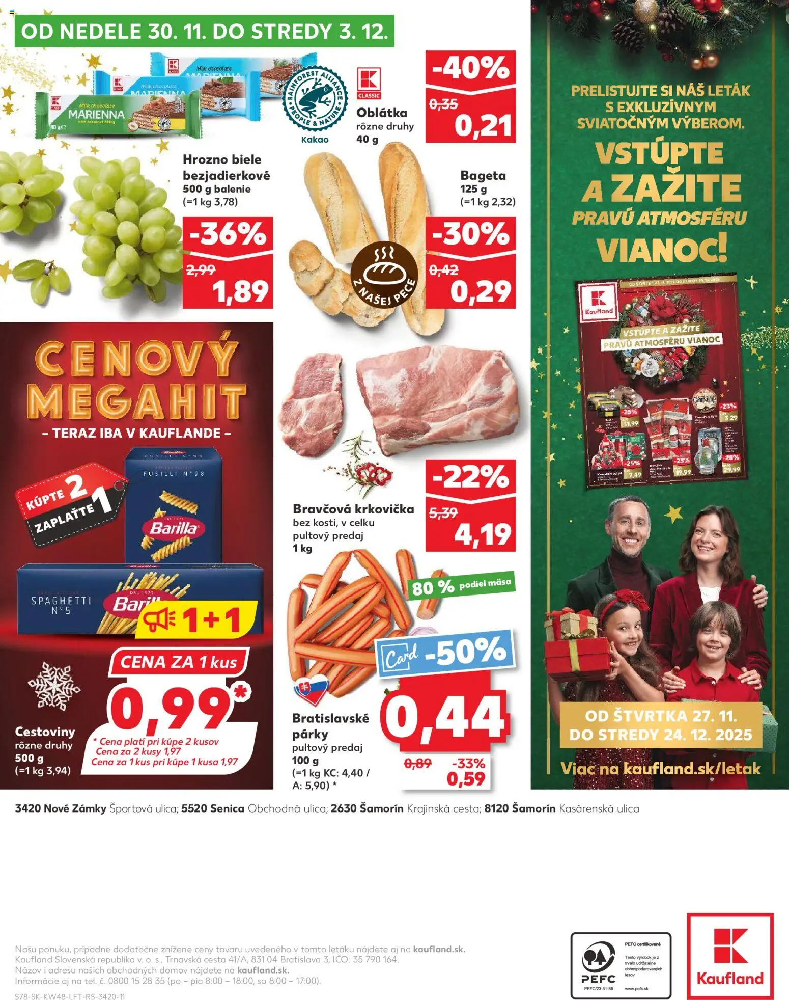 Náhľad Kaufland letáku platného od 27.11.2025 - Cestoviny, Krkovička, Fusilli, Hrozno, Kakao, Párky, Bravčová krkovička