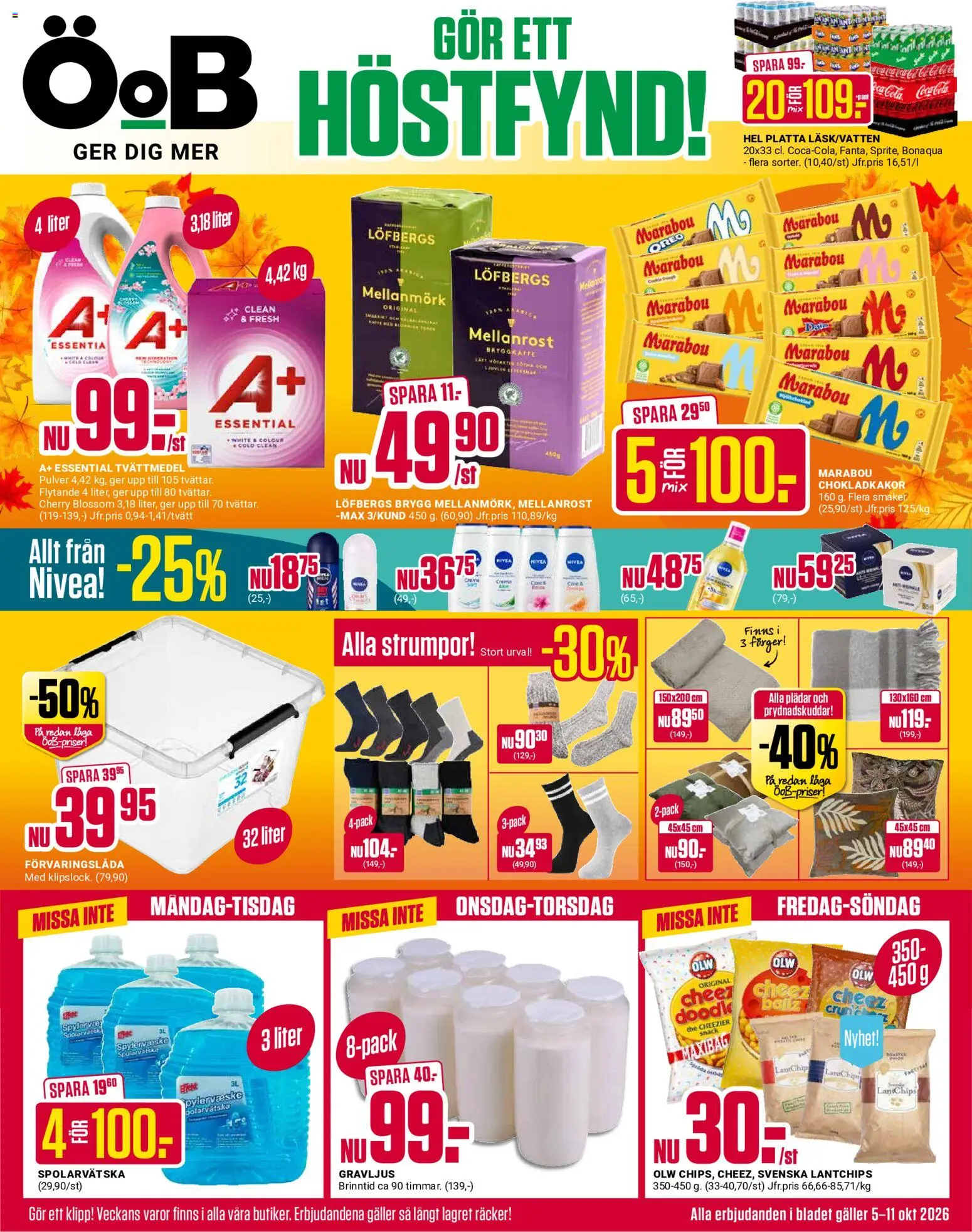 Förhandsgranska reklamblad ÖoB erbjudanden från butik ÖoB gäller från 05/10/2026 - Chips, Tvättmedel, Strumpor, Spolarvätska, Nivea, Förvaringslåda, Gravljus, Chokladkakor