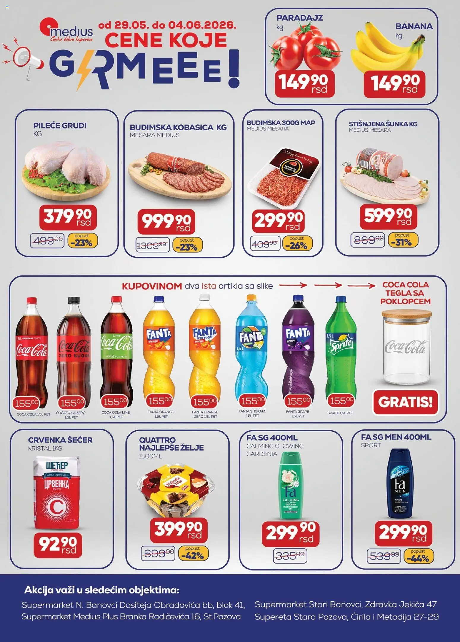 Pregled Medius kataloga - važi od 29.05.2026 - Coca Cola, Paradajz, Banana, Šunka, Sprite, Kobasica, Tegla, Pileće grudi