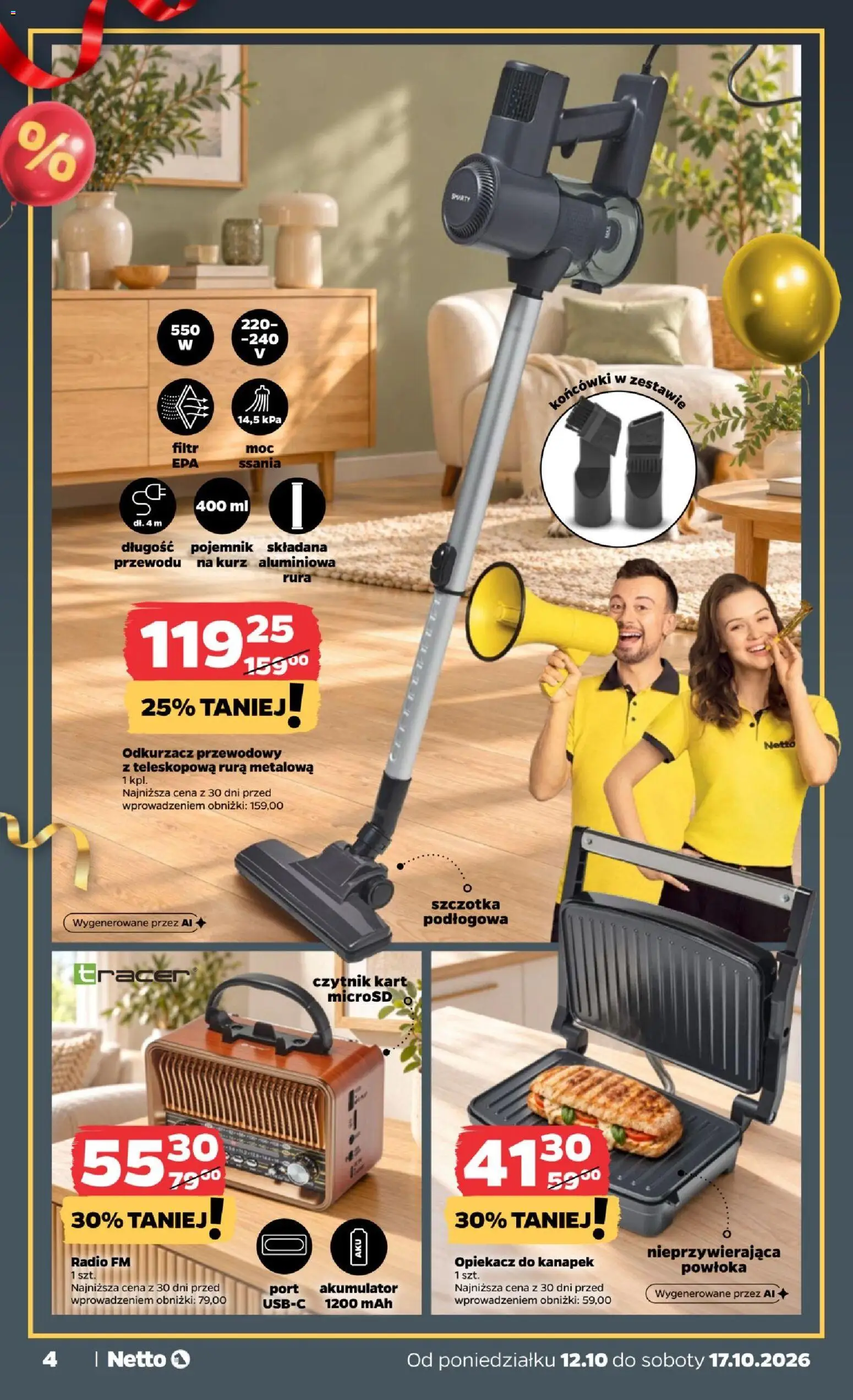 Pogląd gazetki "Netto gazetka od poniedziałku NonFood" ze sklepu Netto ważnej od 12.10.2026 - Radio, Odkurzacz, Grill, Opiekacz do kanapek, Opiekacz, Cleaner, Szczotka