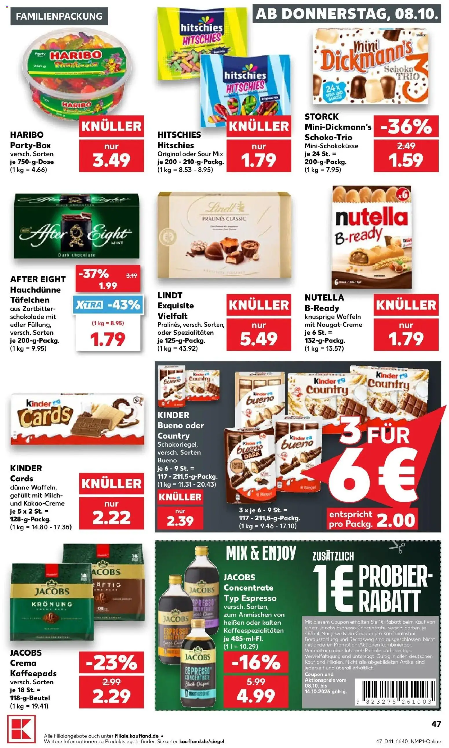 Vorschau von dem Prospekt des Geschäftes Kaufland, gültig ab dem 08.10.2026 - Haribo, Waffeln, Lindt, Nutella, Milch, Kinder bueno, Kaffeepads, Spezialitäten