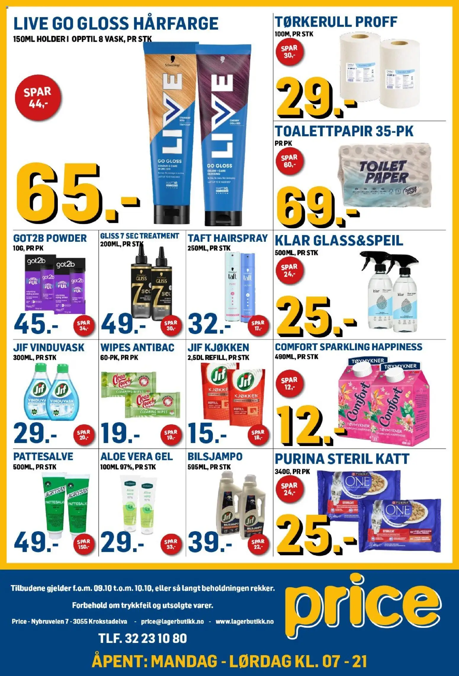 Forhåndsvis Price Lagerbutikk kundeavis fra butikk Price Lagerbutikk gyldig fra 09/10/2026 - Tøymykner, Wipes, Toalettpapir, Tørkerull, Hårfarge, Aloe Vera