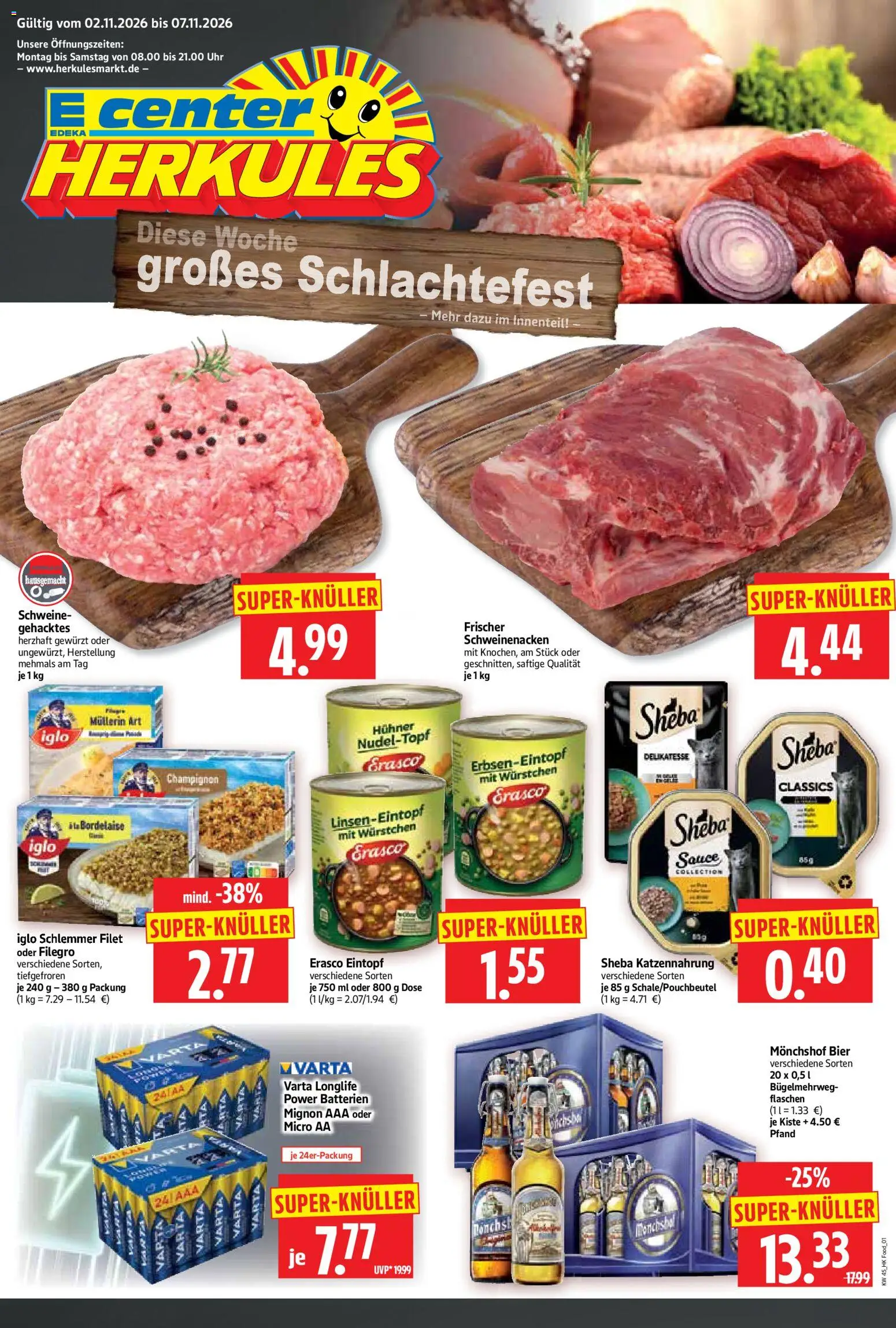 Vorschau von dem Prospekt des Geschäftes HERKULES, gültig ab dem 02.11.2026 - Uhr, Bier, Batterien, Iglo, Schweinenacken, Monchshof, Sheba, Erasco