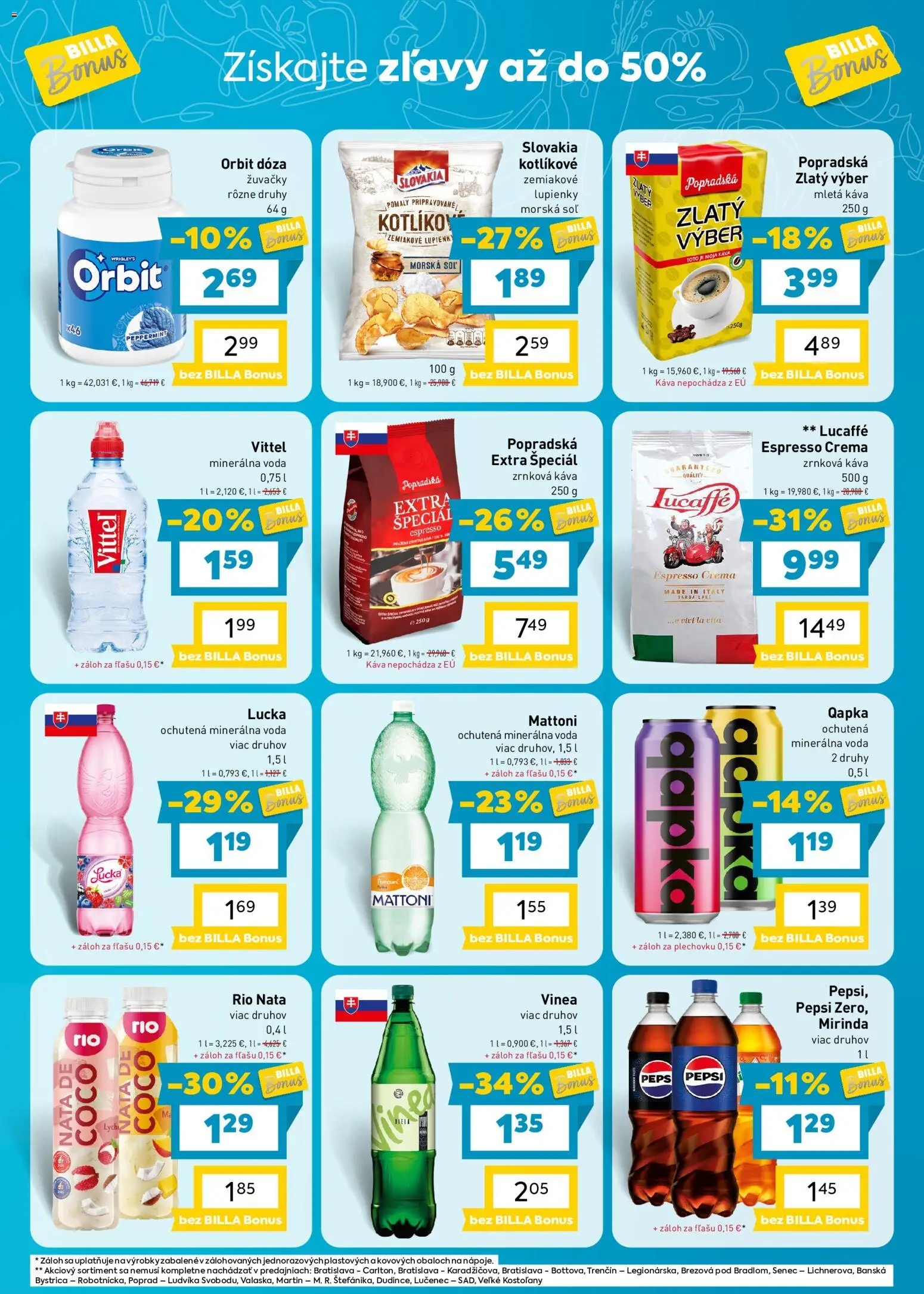 Náhľad Billa letáku platného od 07.10.2026 - Voda, Pepsi, Vinea, Mattoni, Lucka, Žuvačky, Mirinda, Mletá káva