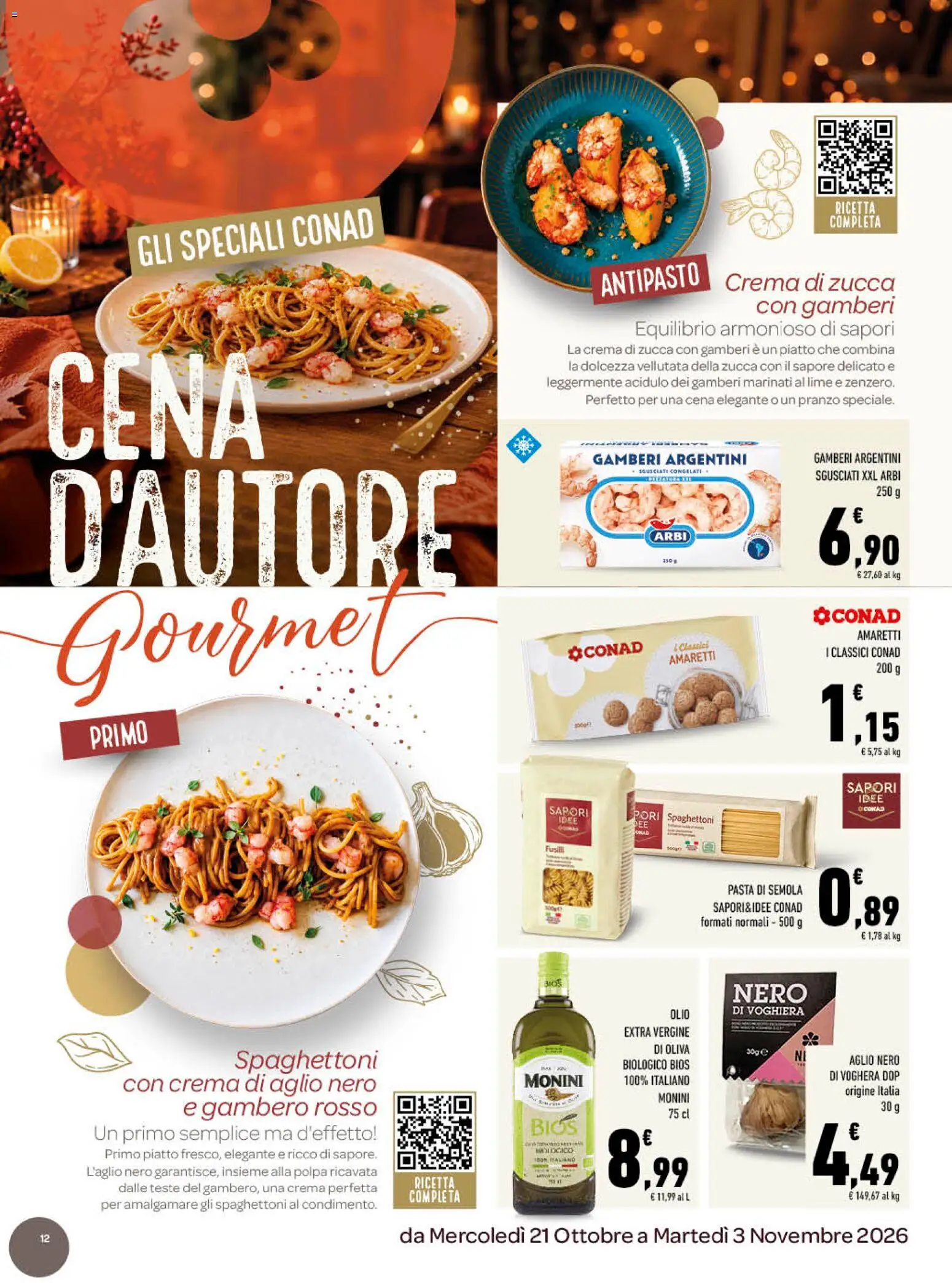 Anteprima dell'opuscolo Conad volantino Cena d'autore gourmet Lazio dal negozio Conad valido da 21/10/2026 - Zucca, Piatto, Spaghetti, Olio, Gamberi, Olive, Dolcezza, Olio extra vergine