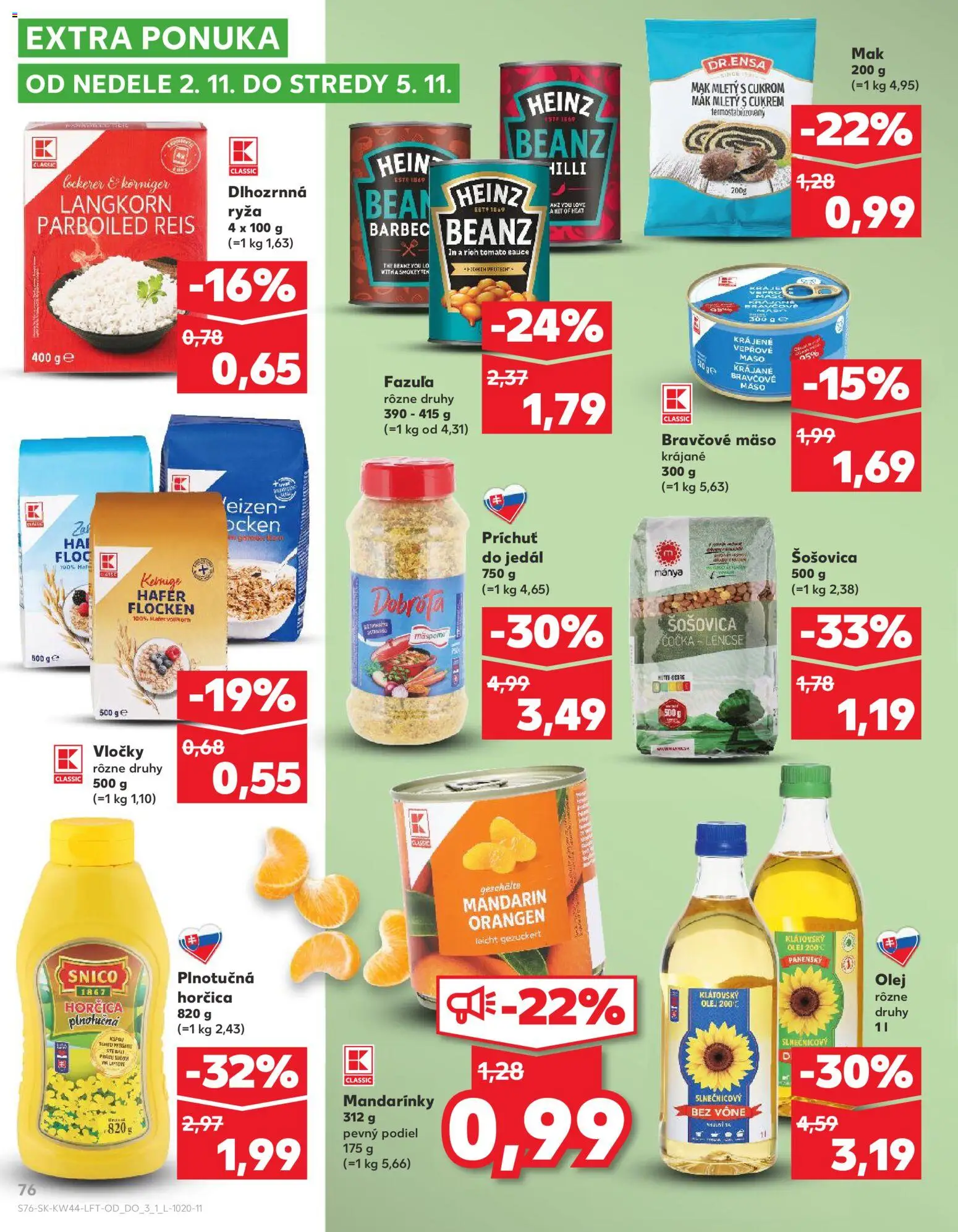 Náhľad Kaufland letáku platného od 30.10.2025 - Mäso, Olej, Ryža, Fazuľa, Bravčové mäso, Šošovica, Vločky, Mandarinky