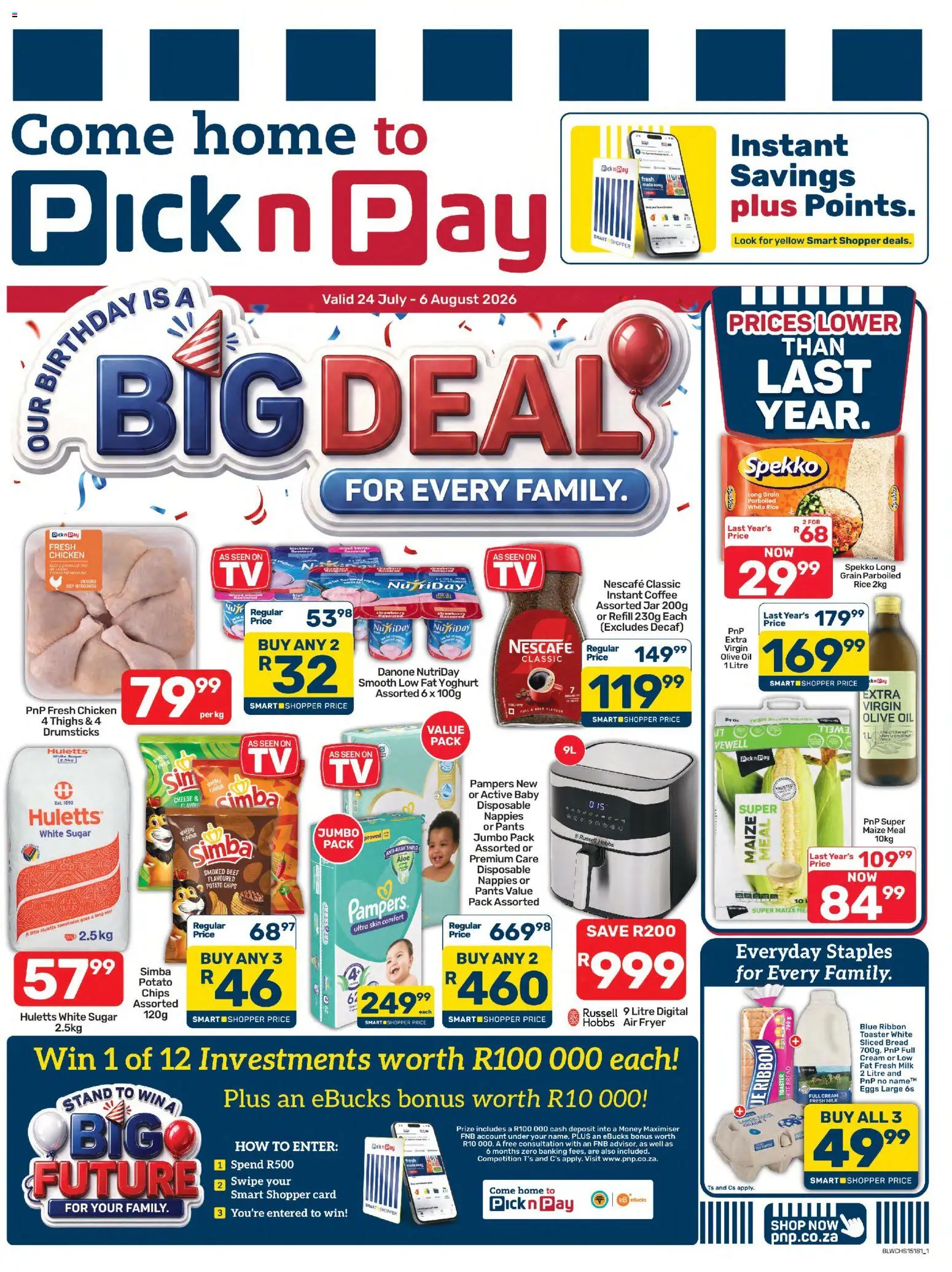 Preview of Pick n Pay flyer valid from 24/07/2026 - Coffee, Eggs, Oil, Bread, Rice, Thighs, Fryer, Sweetness
