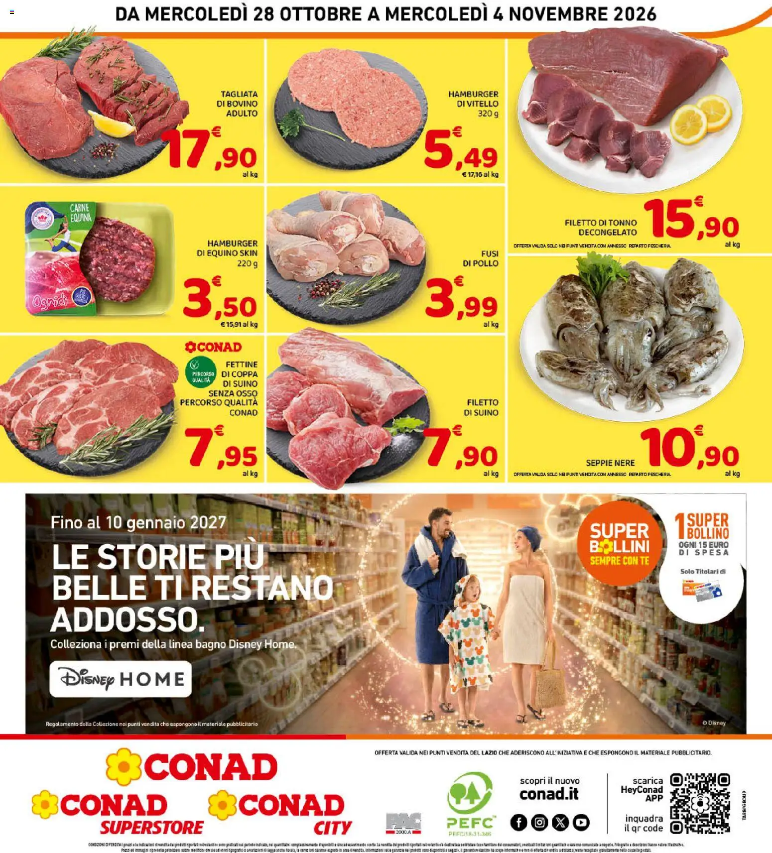 Anteprima dell'opuscolo Conad volantino Convenienza Più Lazio dal negozio Conad valido da 28/10/2026 - Hamburger, Bagno, Pollo, Carne, Tonno, Vitello, Filetto, Tè
