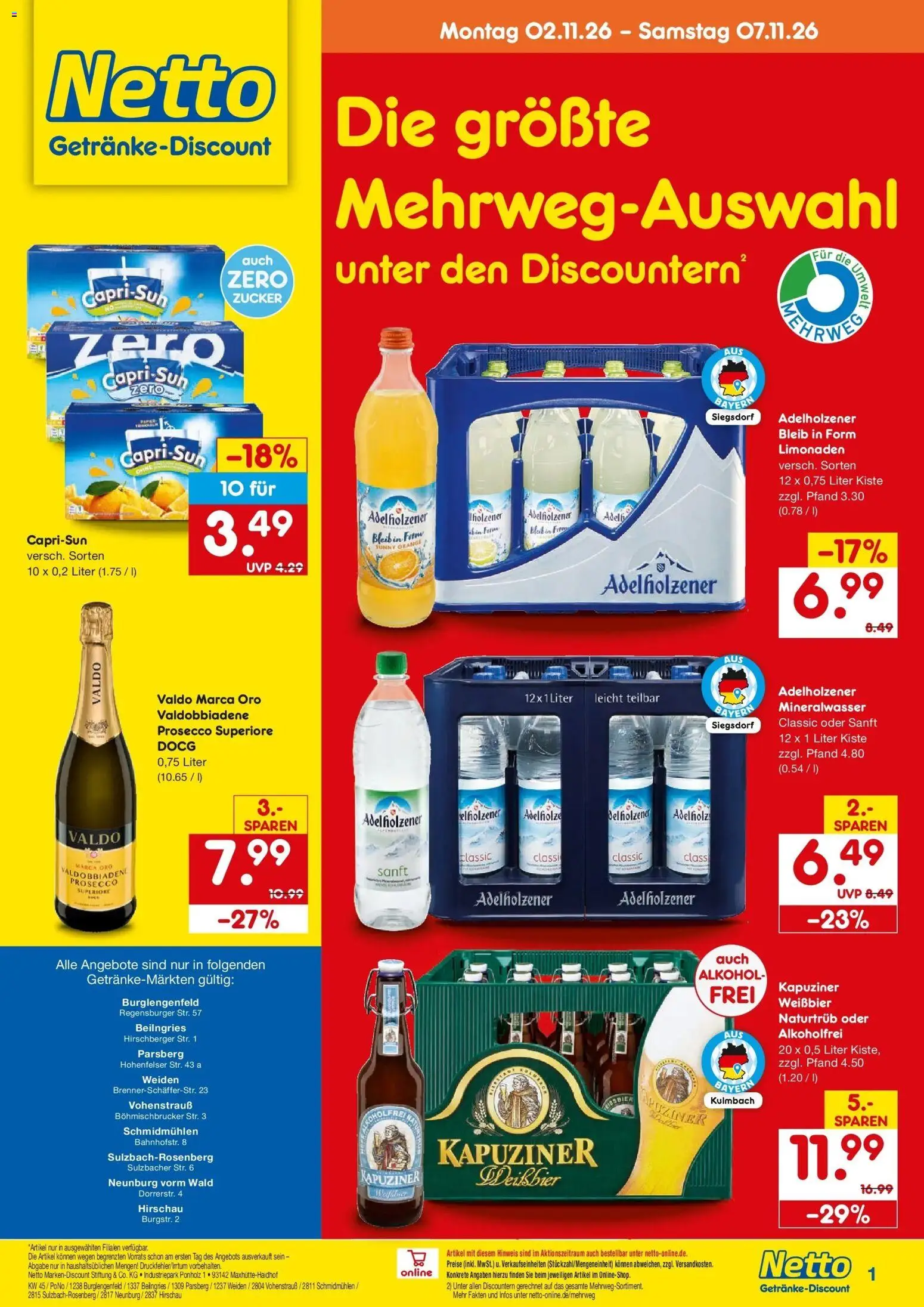 Vorschau von dem Prospekt des Geschäftes Netto Marken-Discount, gültig ab dem 02.11.2026 - Mineralwasser, Alkohol, Prosecco, Zucker, Capri sun, Adelholzener, Weißbier