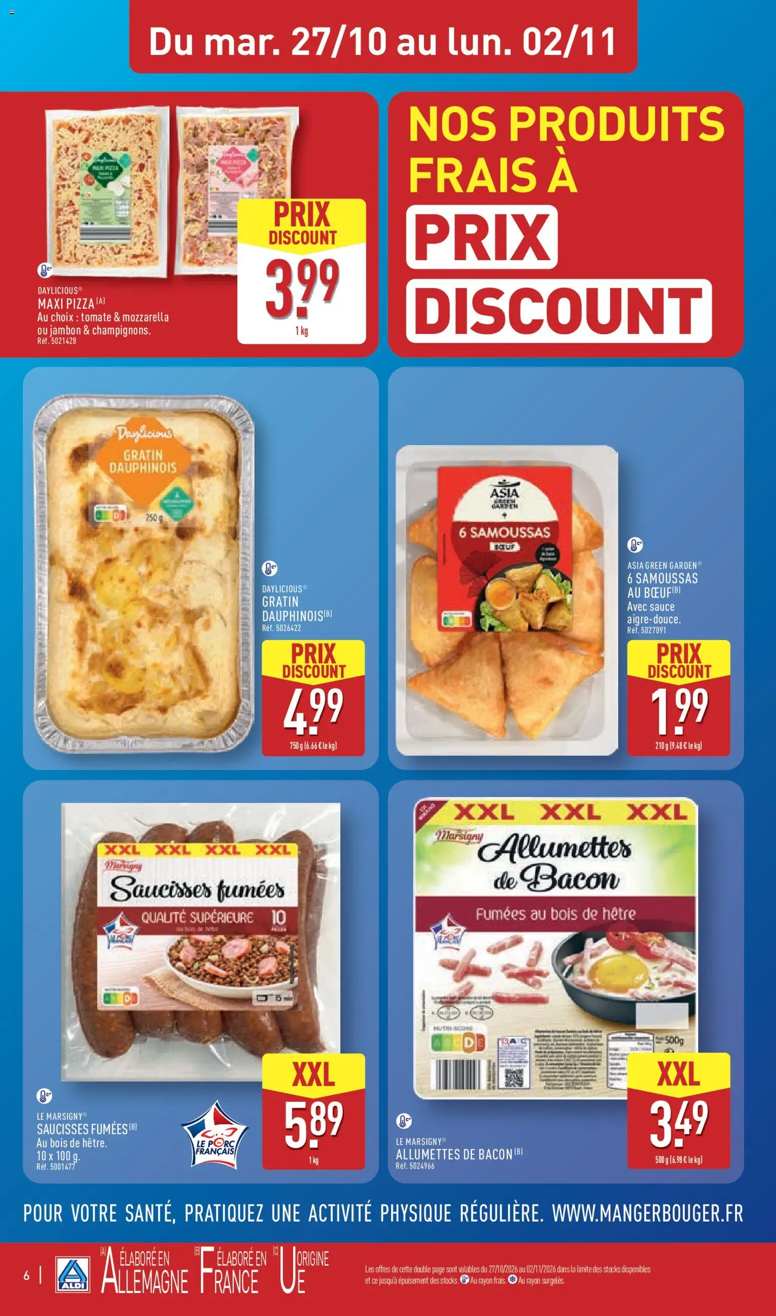 Prévisualisation de Aldi catalogue du magasin Aldi formulaire valide 27/10/2026 - Pizza, Mozzarella, Tomate, Jambon, Porc, Saucisses fumées, Allumettes de bacon, Allumettes