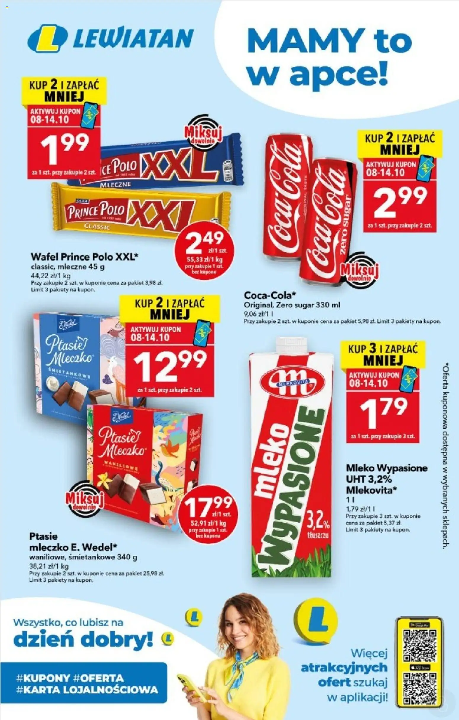 Pogląd gazetki "Lewiatan gazetka - Mamy to w apce" ze sklepu Lewiatan ważnej od 08.10.2026 - Mleko, Coca cola, Prince polo, Mleko wypasione