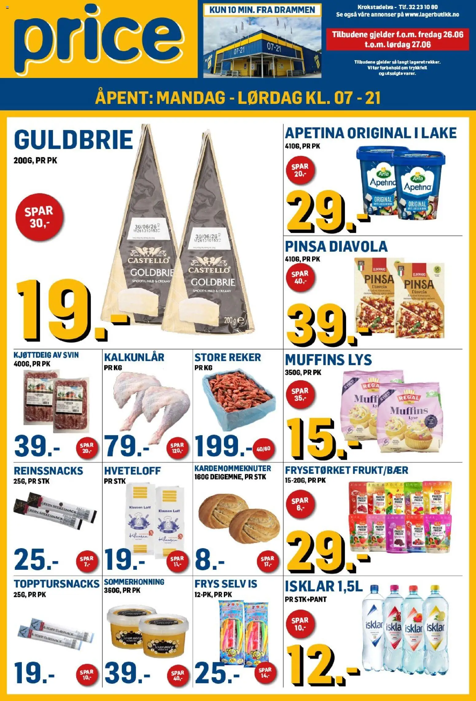Forhåndsvis Price Lagerbutikk kundeavis fra butikk Price Lagerbutikk gyldig fra 26/06/2026 - Loff, Kalkunlår, Svin, Is, Kjøttdeig, Reker, Lys, Topp