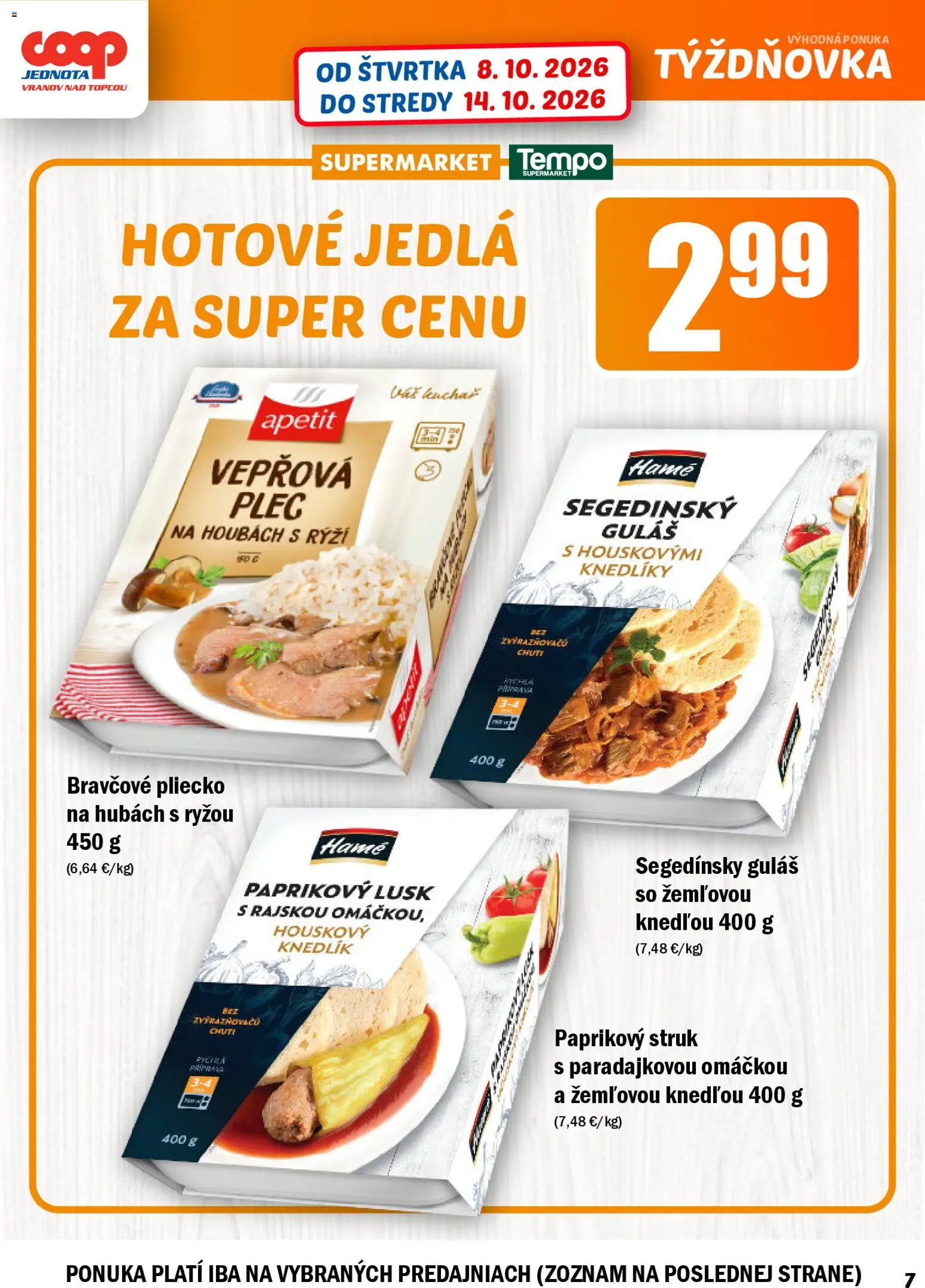 Náhľad COOP Jednota letáku platného od 08.10.2026 - Bravčové pliecko, Hotové jedlá, Paprikový struk