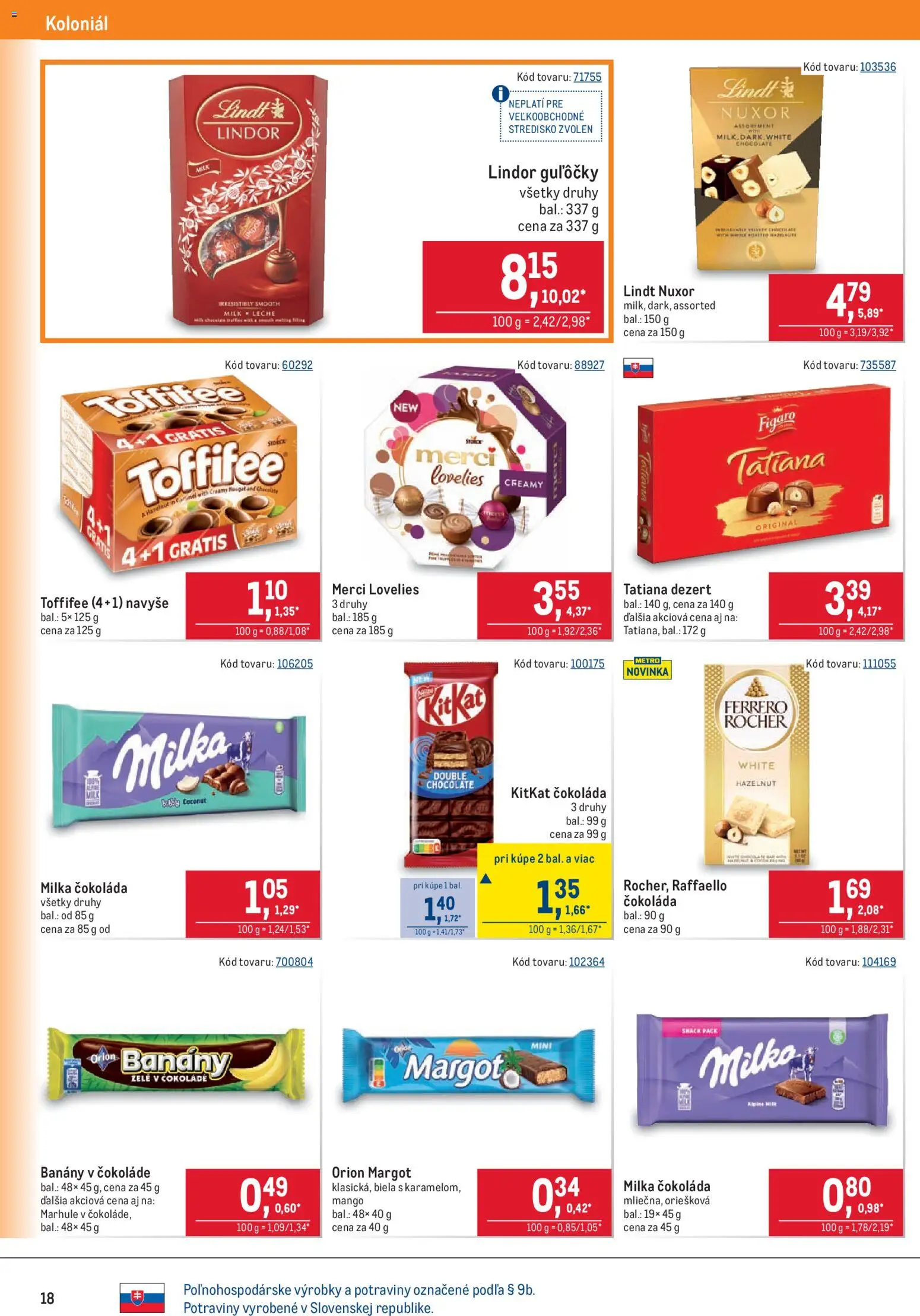Náhľad Metro letáku platného od 09.09.2026 - Lindt, Milka, Dezert, Toffifee, Lindor, Marhule, Banány v čokoláde, Banány