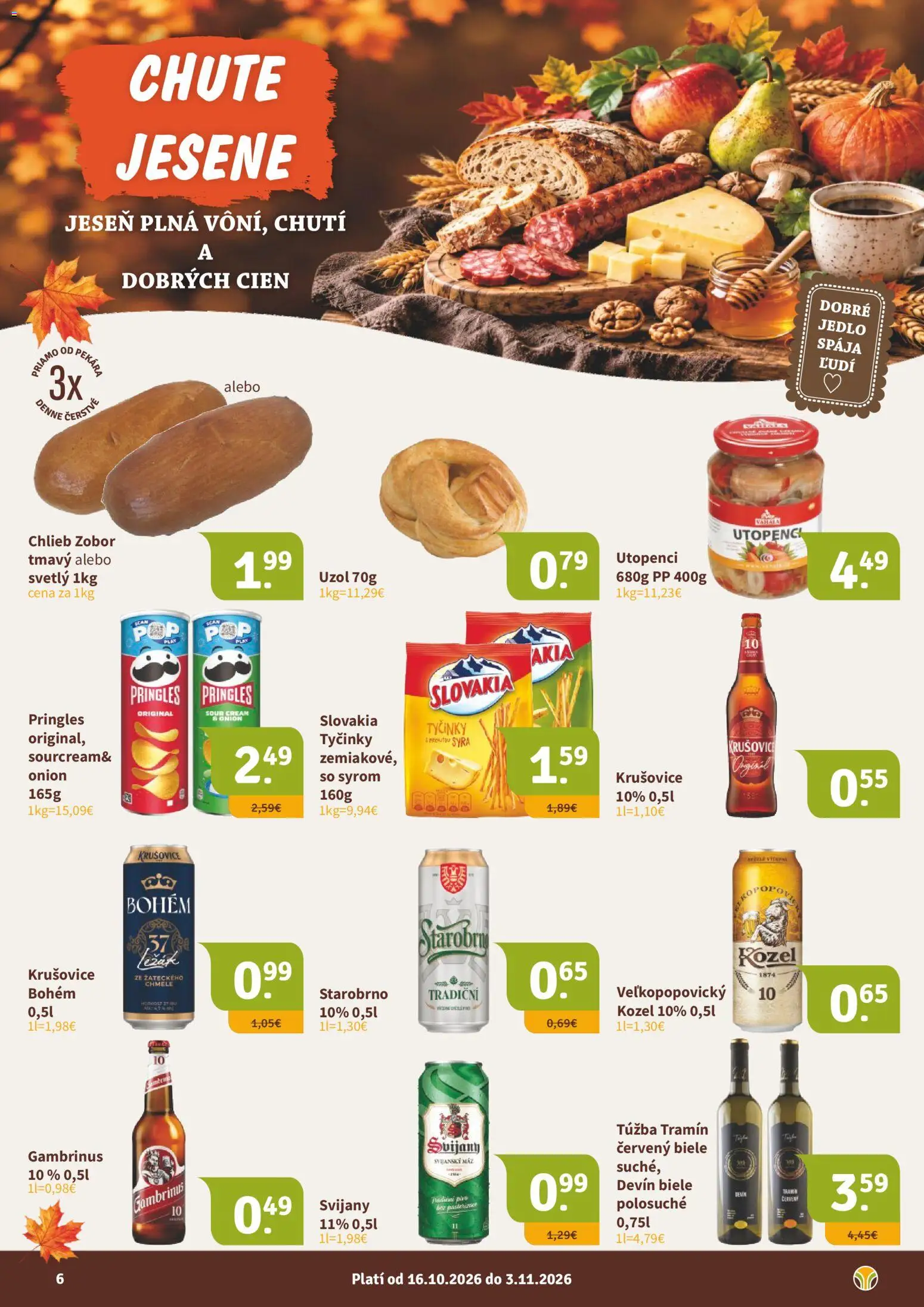 Náhľad Nitrazdroj letáku platného od 16.10.2026 - Chlieb, Pringles, Svijany, Krušovice, Gambrinus