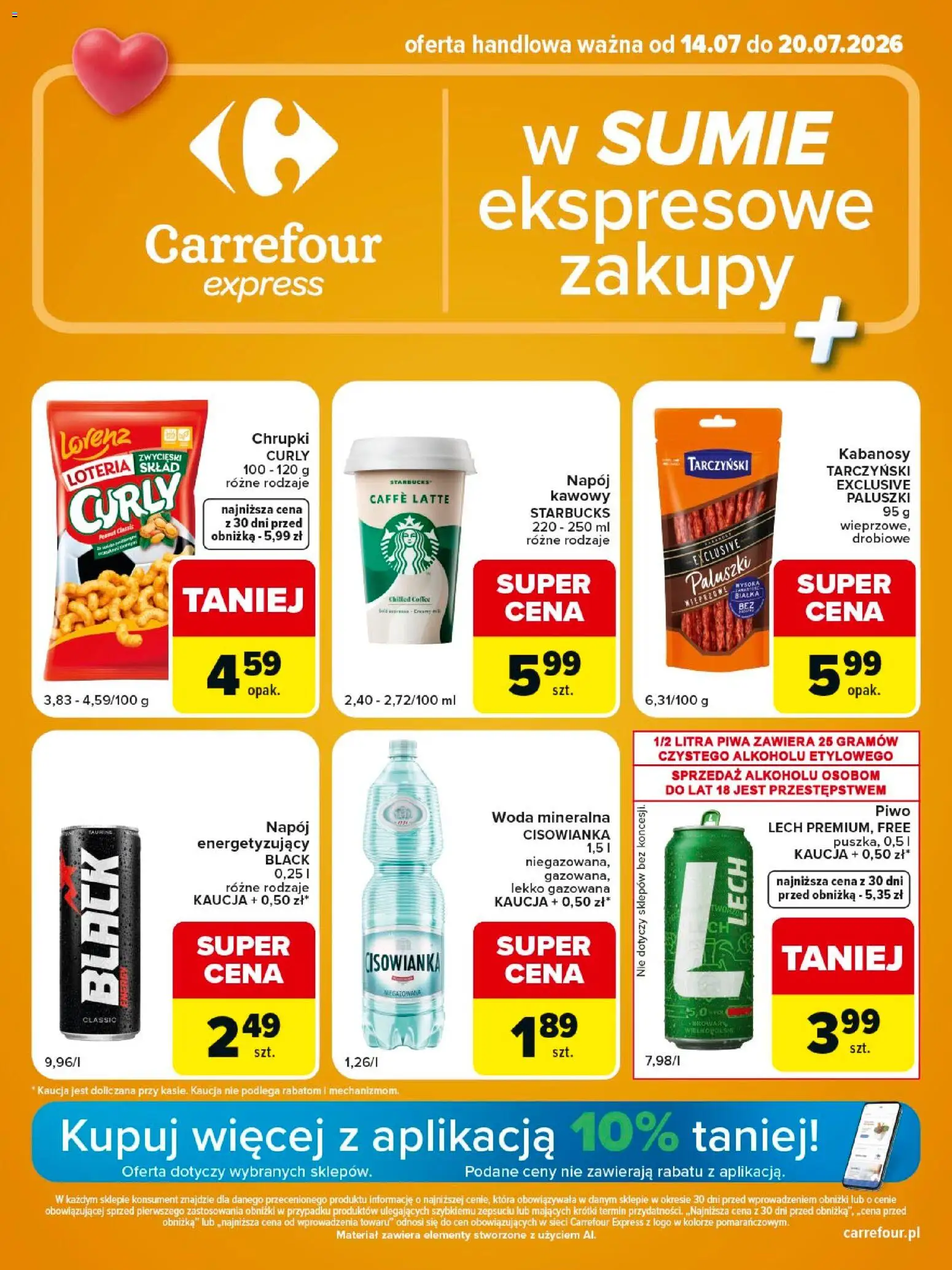 Pogląd gazetki "Carrefour gazetka - Express II" ze sklepu Carrefour ważnej od 14.07.2026 - Lech, Woda, Piwo, Paluszki, Chrupki, Kabanosy, Cisowianka, Woda mineralna