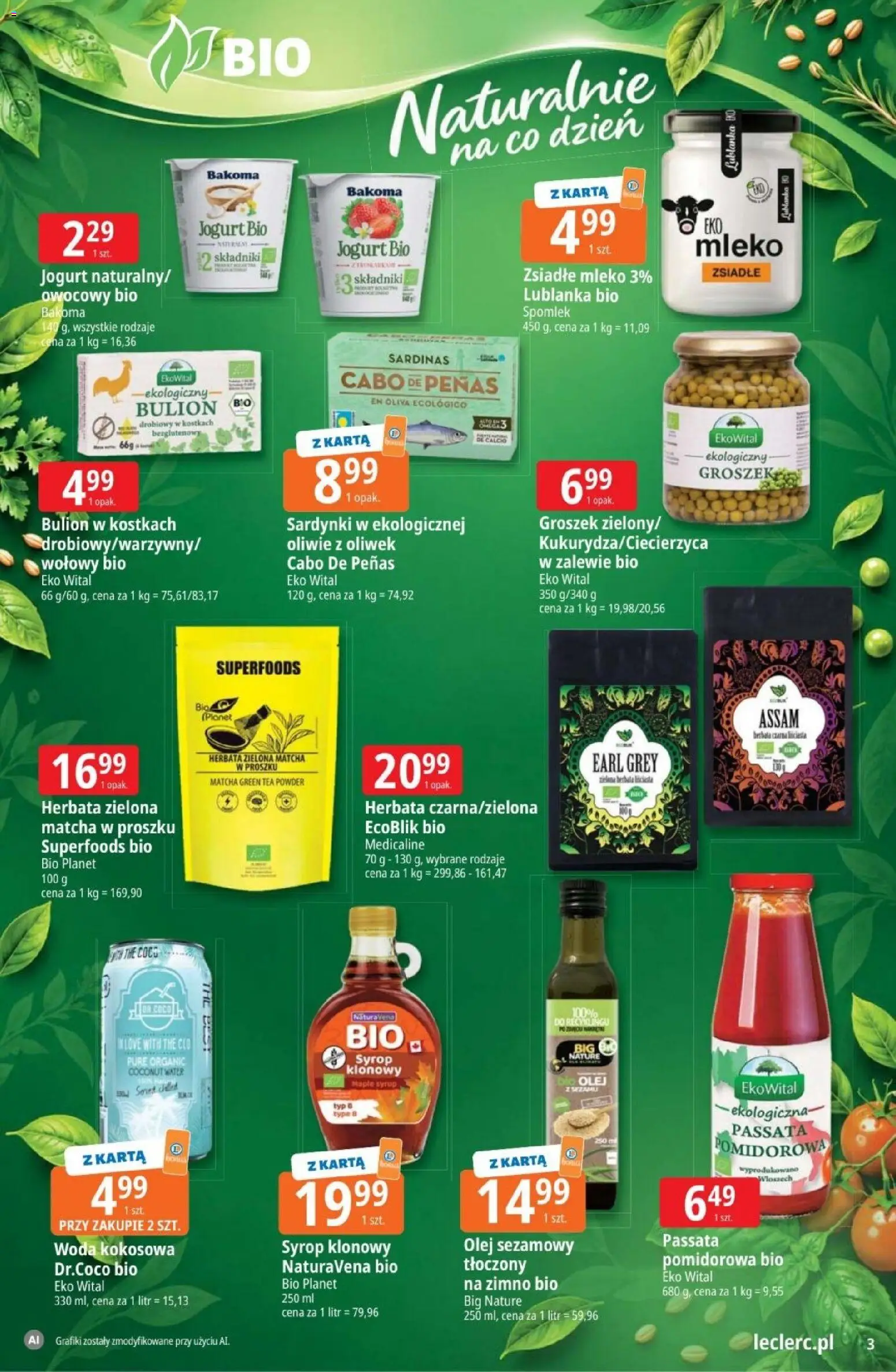Pogląd gazetki "E.Leclerc gazetka - Wybór w dobrej cenie" ze sklepu E.Leclerc ważnej od 03.11.2026 - Matcha, Mleko, Olej, Zielona herbata, Earl Grey, Herbata zielona, Sardynki, Jogurt Bio