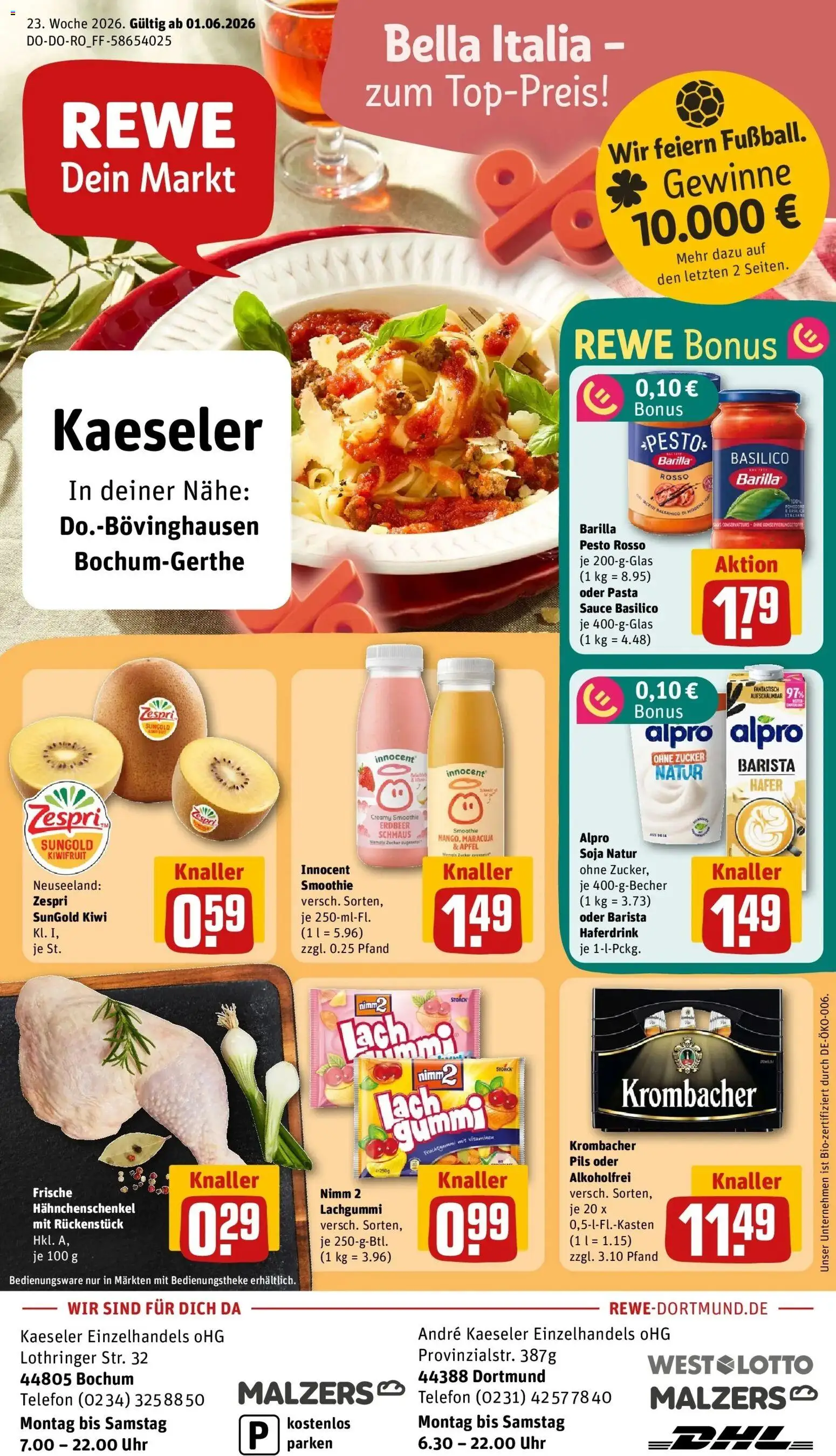 Vorschau von dem Prospekt des Geschäftes Rewe, gültig ab dem 01.06.2026 - Uhr, Pasta, Hahnchenschenkel, Barilla, Barilla pesto, Alpro, Pils, Haferdrink