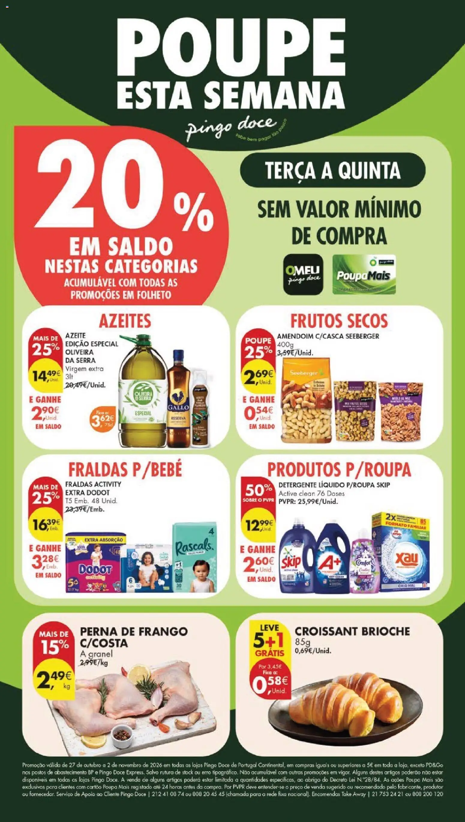 Pré-visualização do folheto da loja Pingo Doce válida a partir de 27/10/2026 - Azeite, Croissant, Frango, Fraldas, Frutos secos, Detergente, Brioche
