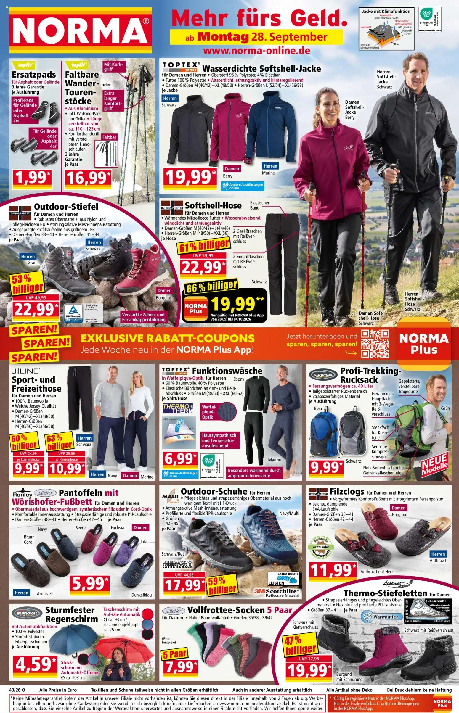Vorschau von dem Prospekt des Geschäftes Norma, gültig ab dem 28.09.2026 - Rucksack, Jacke, Hose, Regenschirm