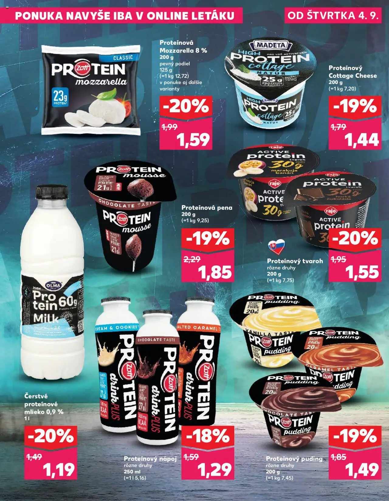 Náhľad Kaufland letáku platného od 04.09.2025 - Protein, Čokoláda, Tvaroh, Mlieko, Milka, Pena, Proteínový puding, Proteínový nápoj