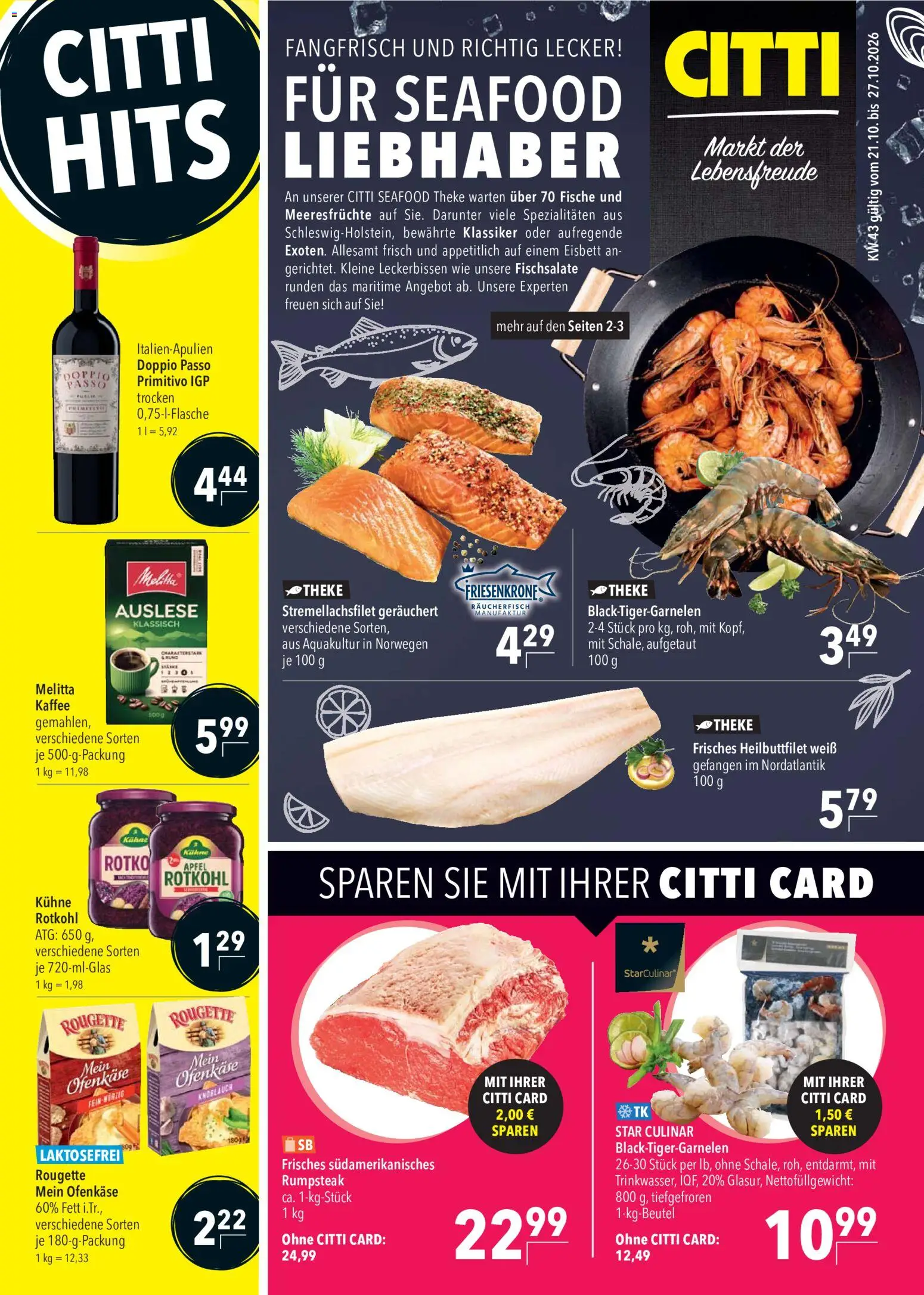 Vorschau von dem Prospekt des Geschäftes CITTI Markt, gültig ab dem 21.10.2026 - Rumpsteak, Rotkohl, Doppio passo primitivo, Melitta, Theke, Doppio Passo, Melitta kaffee, Spezialitäten