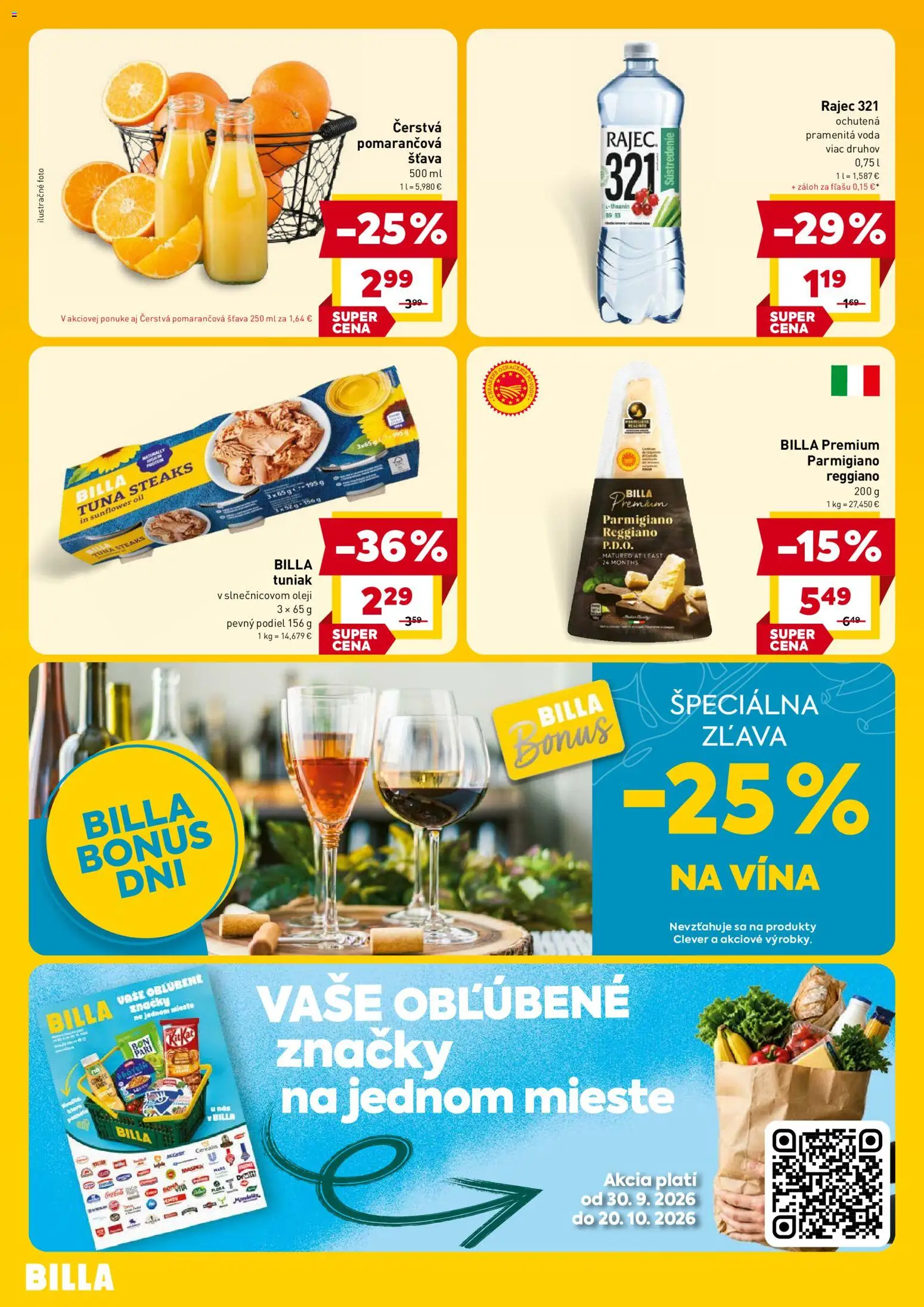 Náhľad Billa letáku platného od 07.10.2026 - Rajec, Voda, Tuniak, Parmigiano Reggiano, Pramenitá voda, Šťava