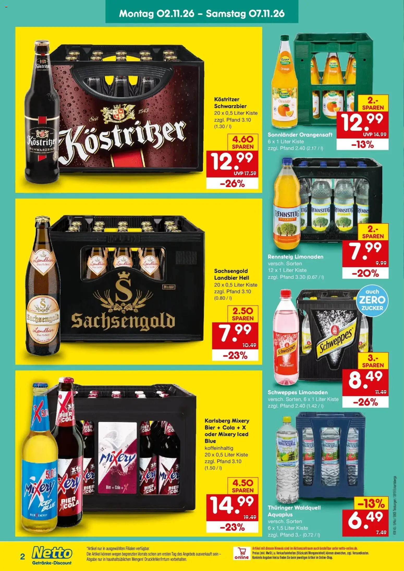 Vorschau von dem Prospekt des Geschäftes Netto Marken-Discount, gültig ab dem 02.11.2026 - Bier, Cola, Mixer, Zucker, Energy, Orangensaft, Mixery, Kostritzer