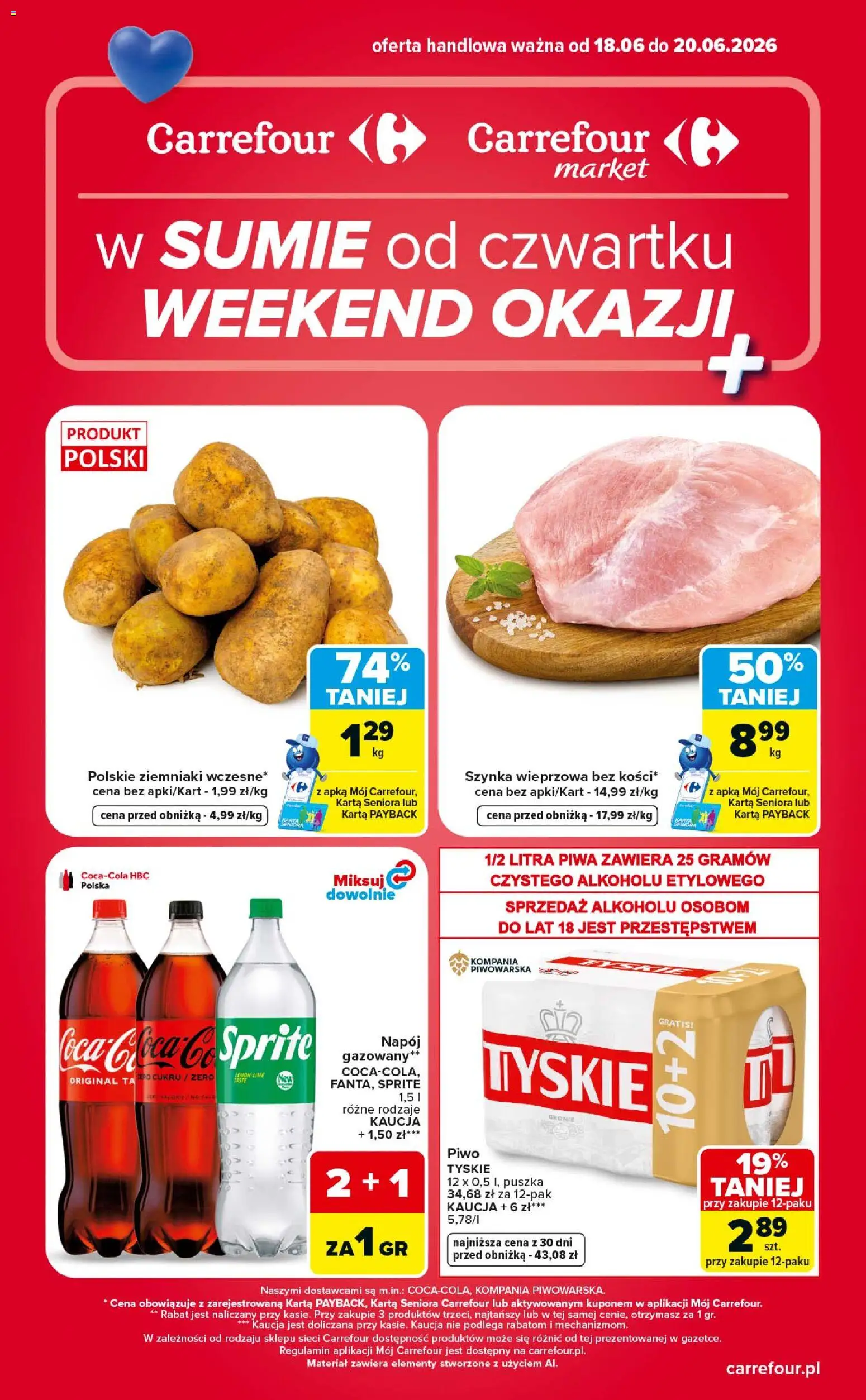 Pogląd gazetki "Carrefour gazetka - Weekend okazji" ze sklepu Carrefour ważnej od 18.06.2026 - Piwo, Ziemniaki, Karta, Szynka, Sprite, Tyskie, Szynka wieprzowa