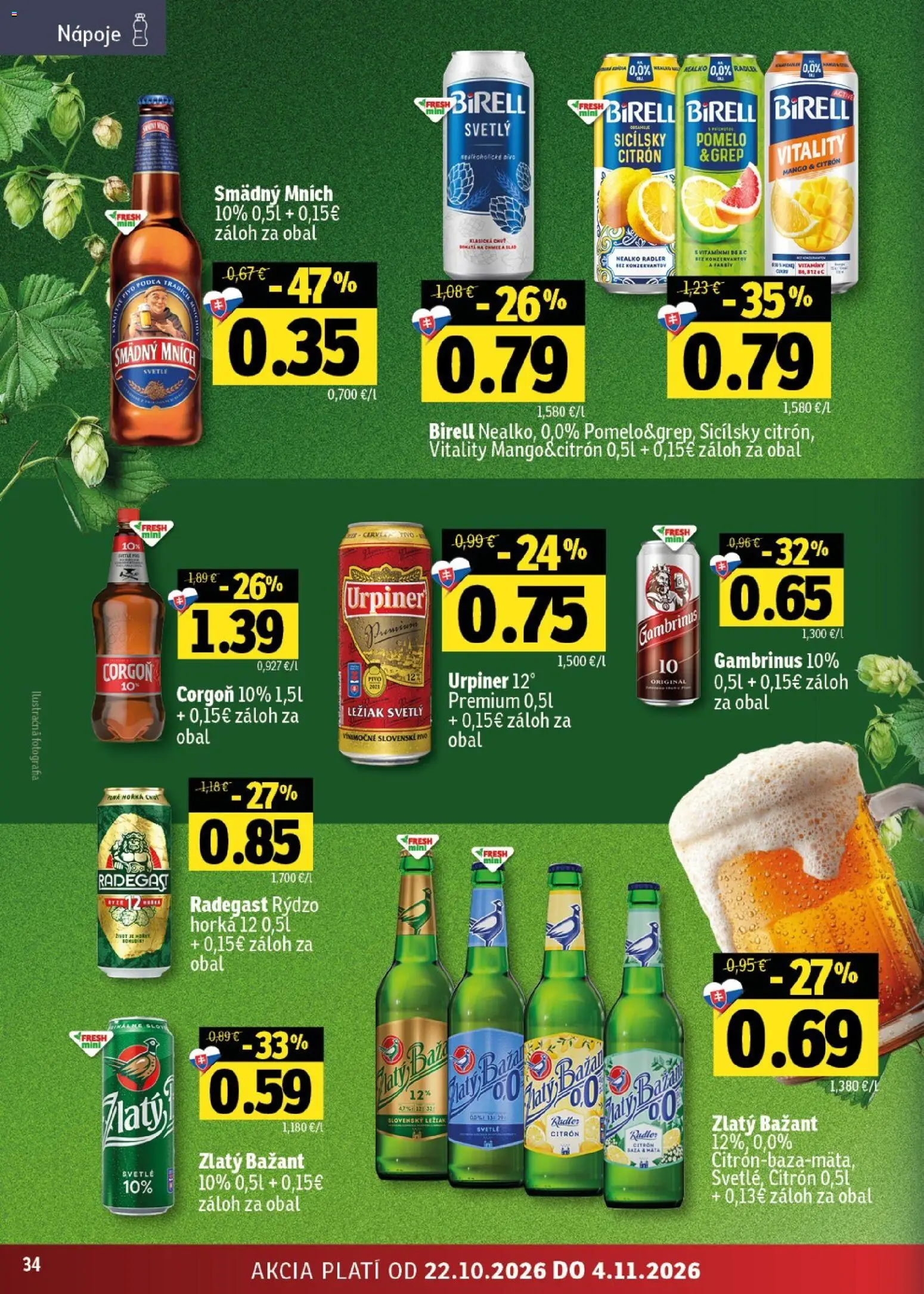 Náhľad Fresh letáku platného od 22.10.2026 - Mango, Pivo, Radegast, Gambrinus, Zlatý Bažant, Corgoň, Smädný Mních, Nápoje