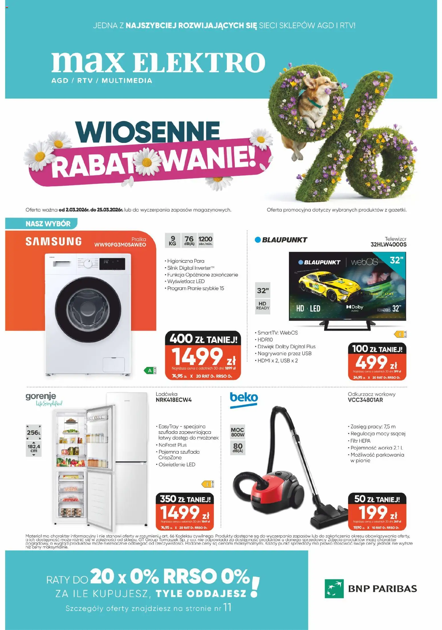 Pogląd gazetki "Max elektro gazetka" ze sklepu Max elektro ważnej od 02.03.2026 - Lodówka, Pralka, Odkurzacz, Telewizor, Oświetlenie, USB, Audio, Filtr HEPA