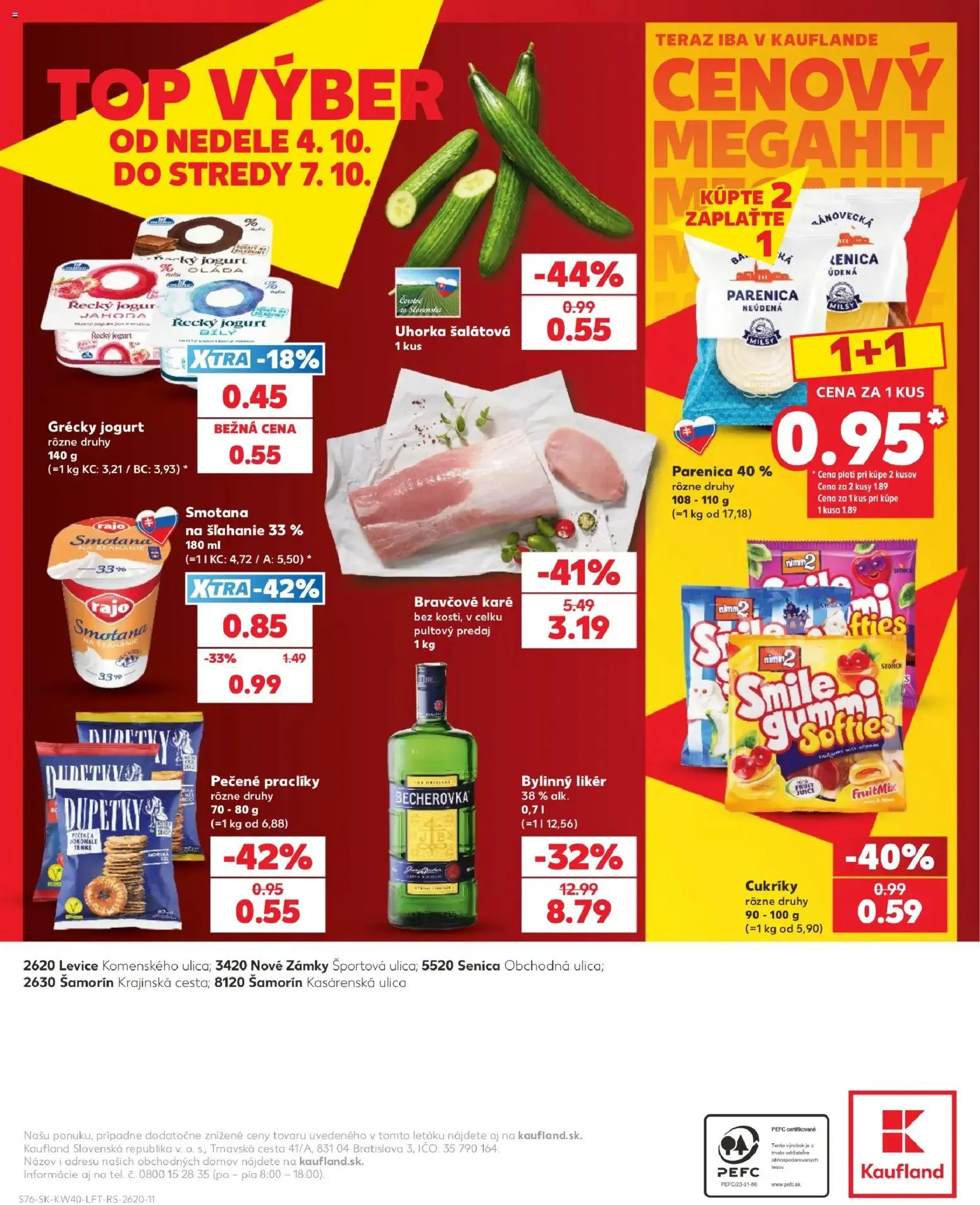 Náhľad Kaufland letáku platného od 01.10.2026 - Bravčové karé, Smotana na šľahanie, Jogurt, Uhorka, Smotana, Cukríky, Bylinný likér, Uhorka šalátová