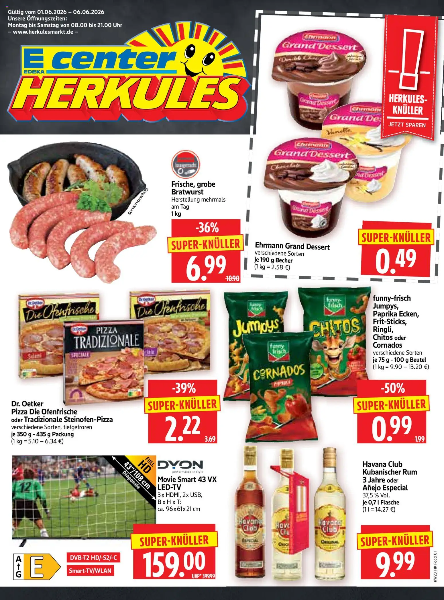 Vorschau von dem Prospekt des Geschäftes HERKULES, gültig ab dem 01.06.2026 - Pizza, Uhr, Bratwurst, Havana club, Paprika, Rum, Ofenfrische, Ehrmann grand dessert