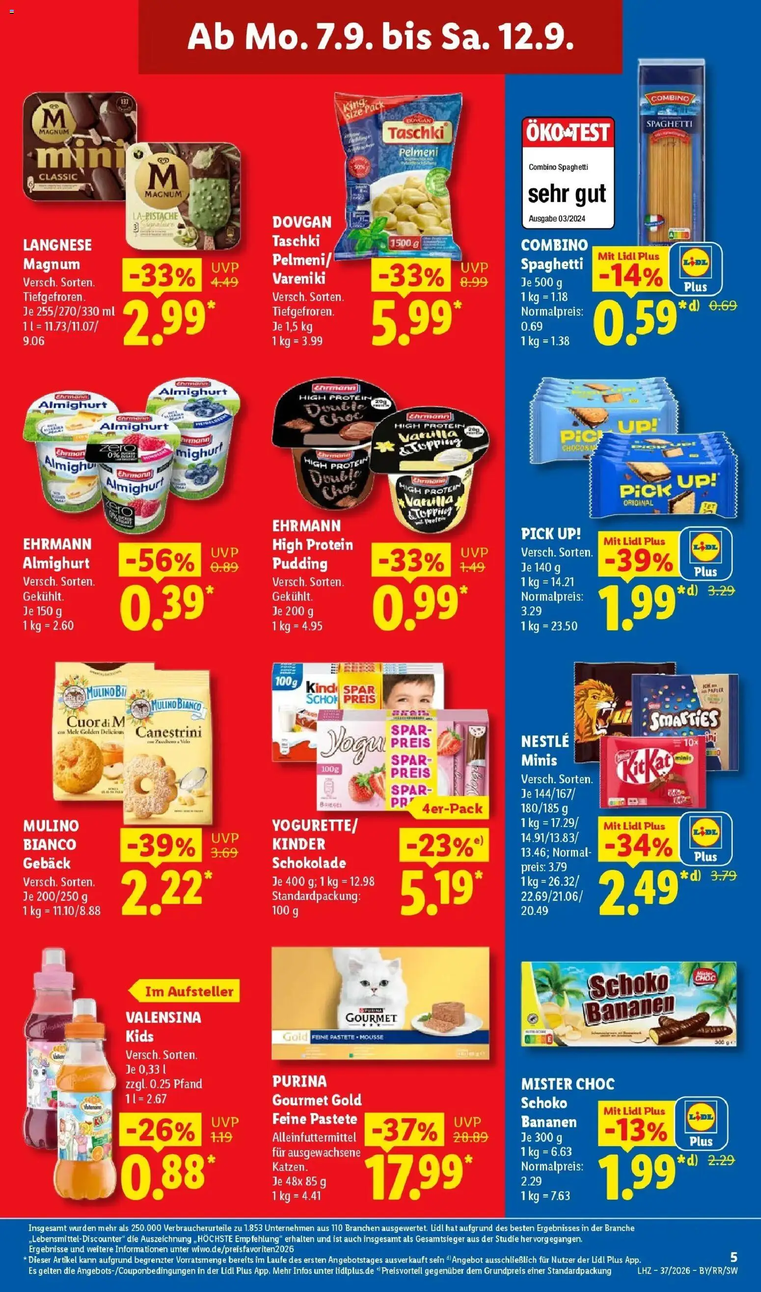 Vorschau von dem Prospekt des Geschäftes Lidl, gültig ab dem 07.09.2026 - Schokolade, Spaghetti, Bananen, Pudding, Langnese, High protein pudding, Purina gourmet gold, Kinder schokolade
