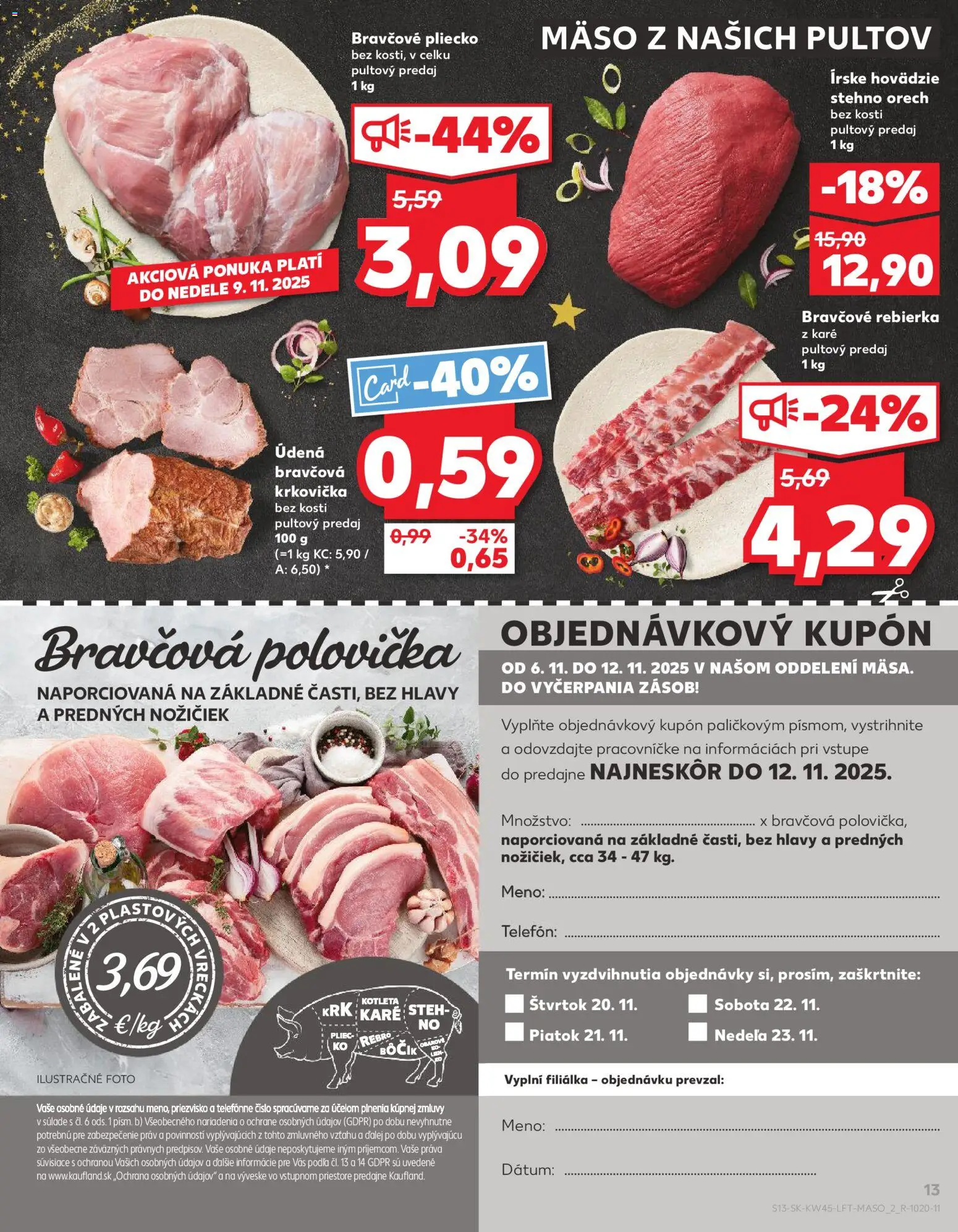 Náhľad Kaufland letáku platného od 06.11.2025 - Mäso, Telefón, Krkovička, Kotleta, Bravčová krkovička, Bravčové pliecko, Hovädzie stehno
