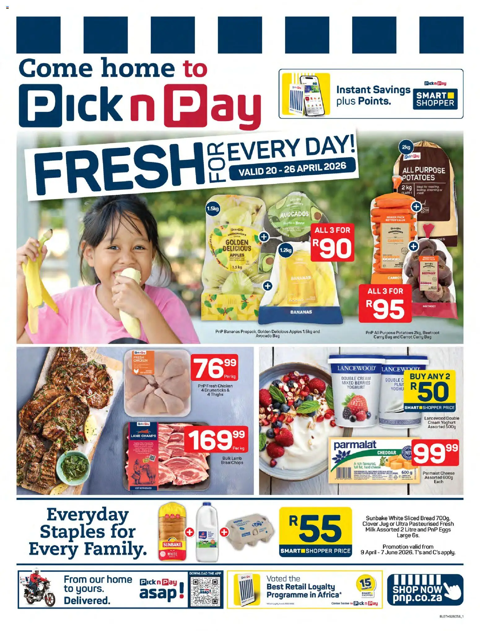 Preview of Pick n Pay flyer valid from 20/04/2026 - Apples, Bag, Eggs, Milk, Bread, Thighs, Carrots, Cheddar