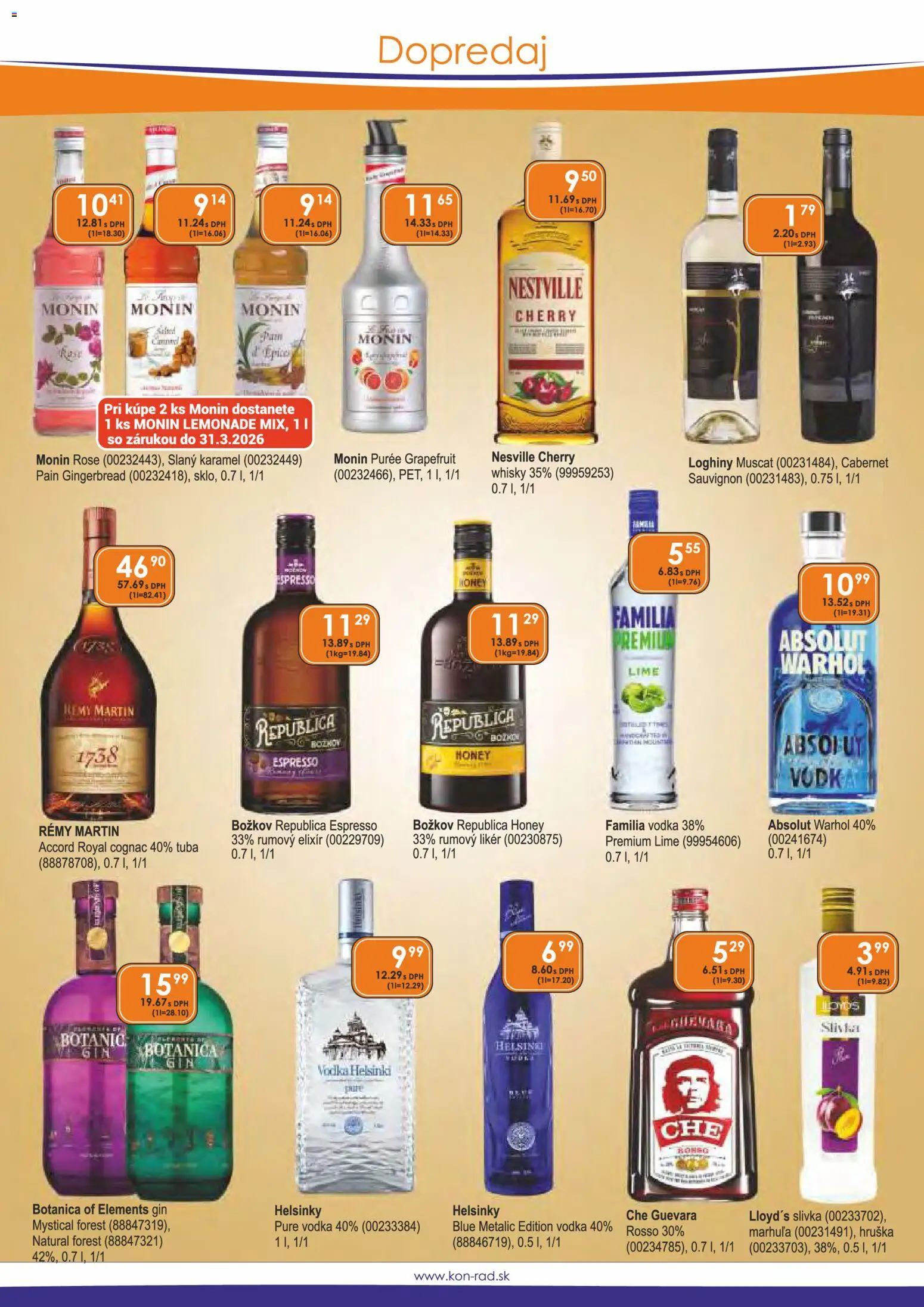 Náhľad KON - RAD letáku platného od 01.03.2026 - Vodka, Gin, Whisky, Grapefruit, Monin, Božkov, Republica, Republica Honey