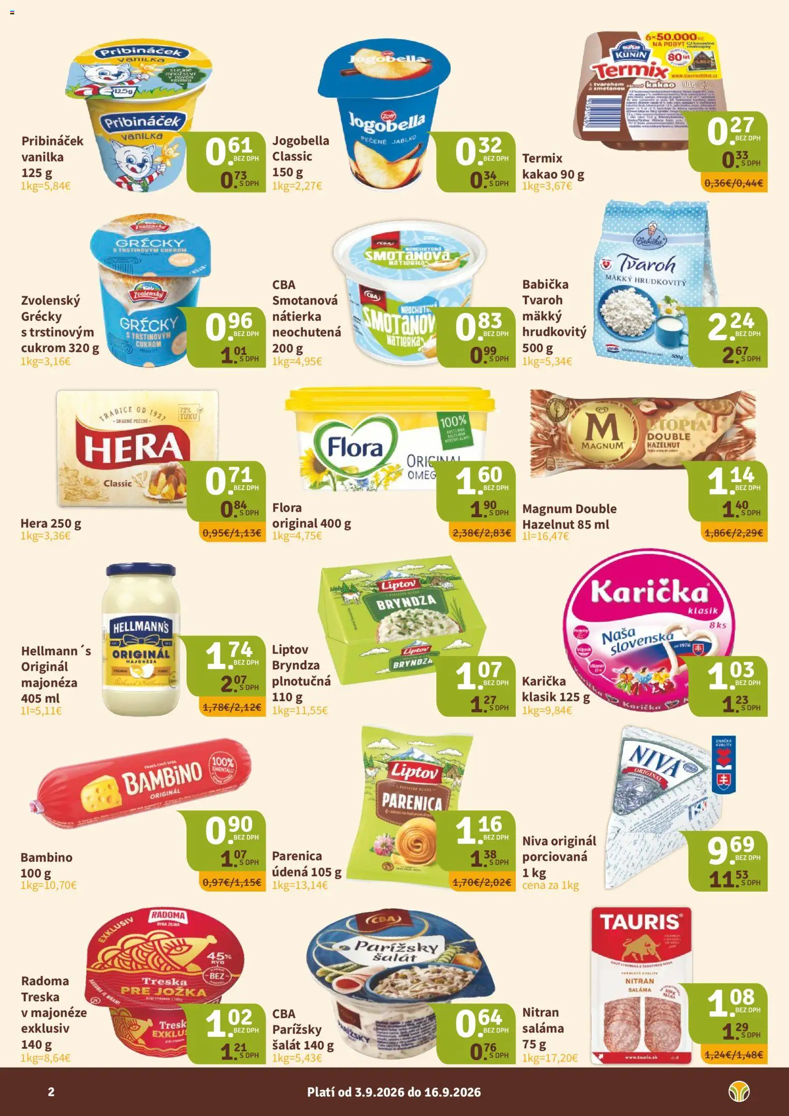 Náhľad Nitrazdroj letáku platného od 03.09.2026 - Flora, Treska, Kakao, Hera, Vanilka, Nátierka, Termix, Saláma
