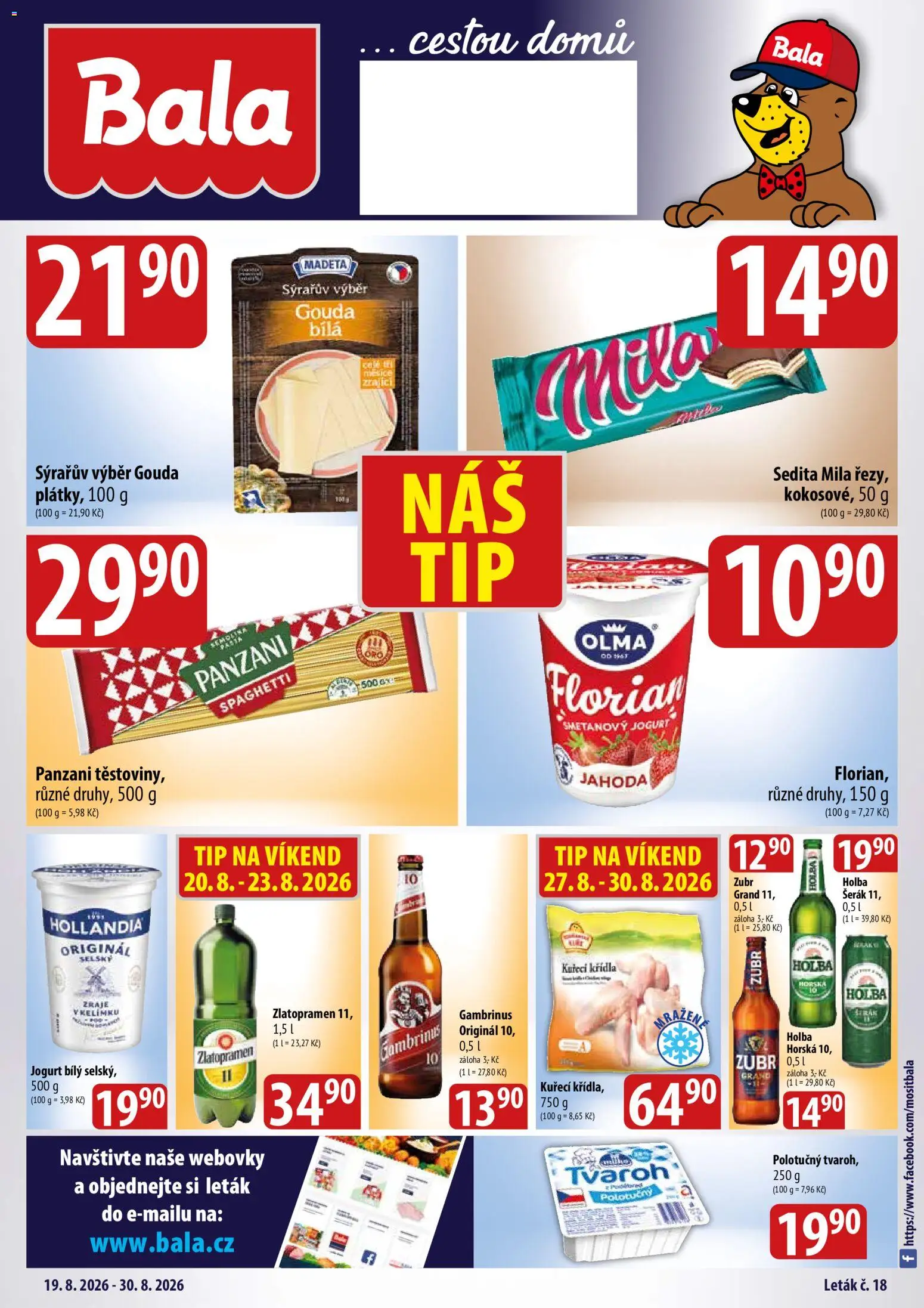 Náhled nabídky: BALA BALA velký leták Holba platný od 19.08.2026 - Tvaroh, Jogurt, Zubr, Šerák, Mila, Gouda, Zlatopramen, Hollandia