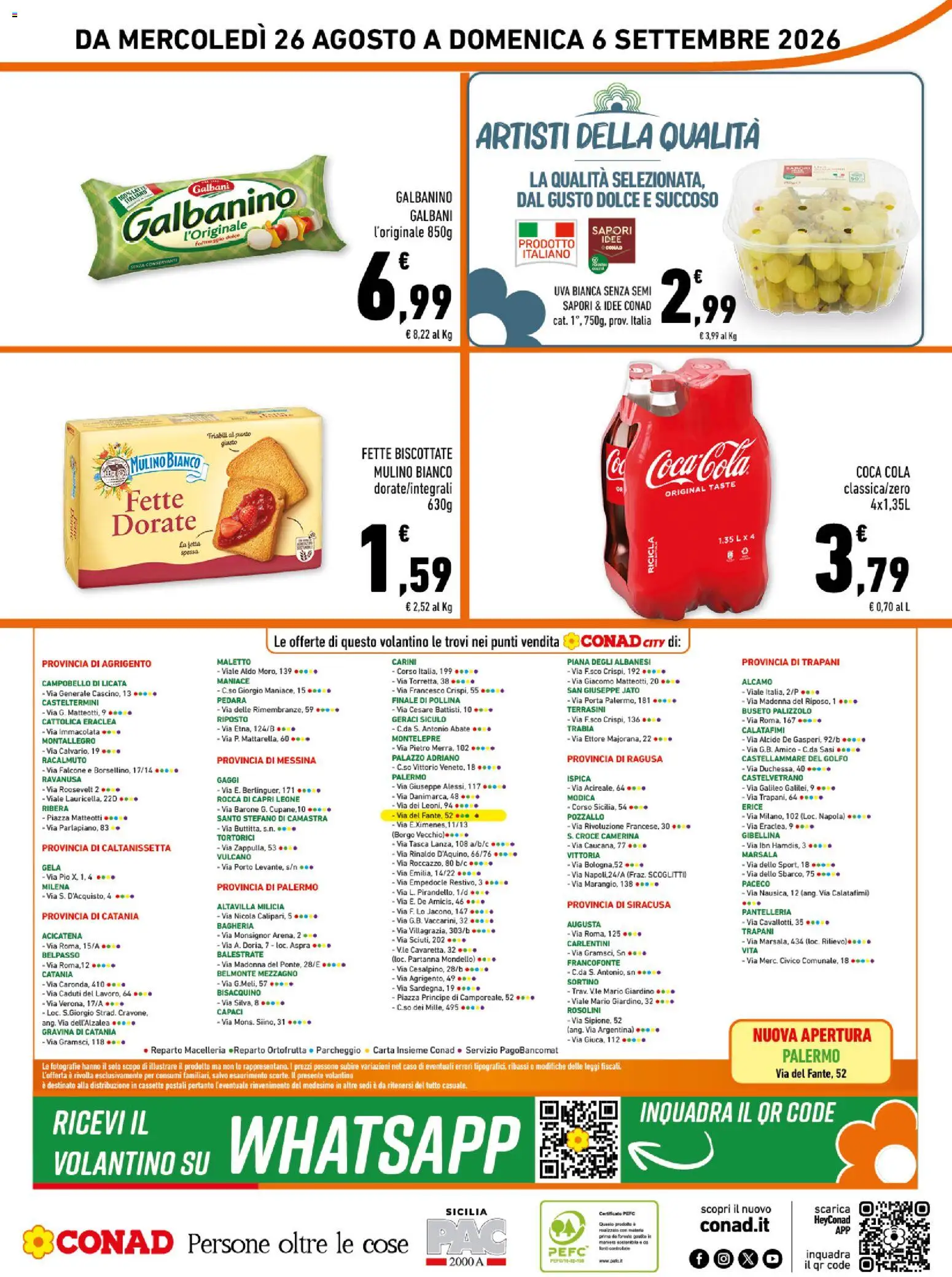 Anteprima dell'opuscolo Conad volantino City Sicilia dal negozio Conad valido da 26/08/2026 - Coca Cola, Formaggio, Porta, Uva, Fette biscottate