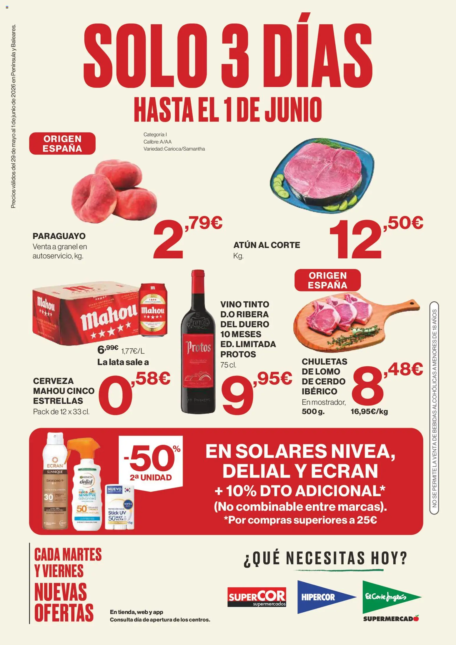 Vista previa del folleto de la tienda Hipercor válido desde el 29/05/2026 - Vino, Cerveza, Cerdo, Vino tinto, Atún, Lomo, Bebidas, Lomo de cerdo