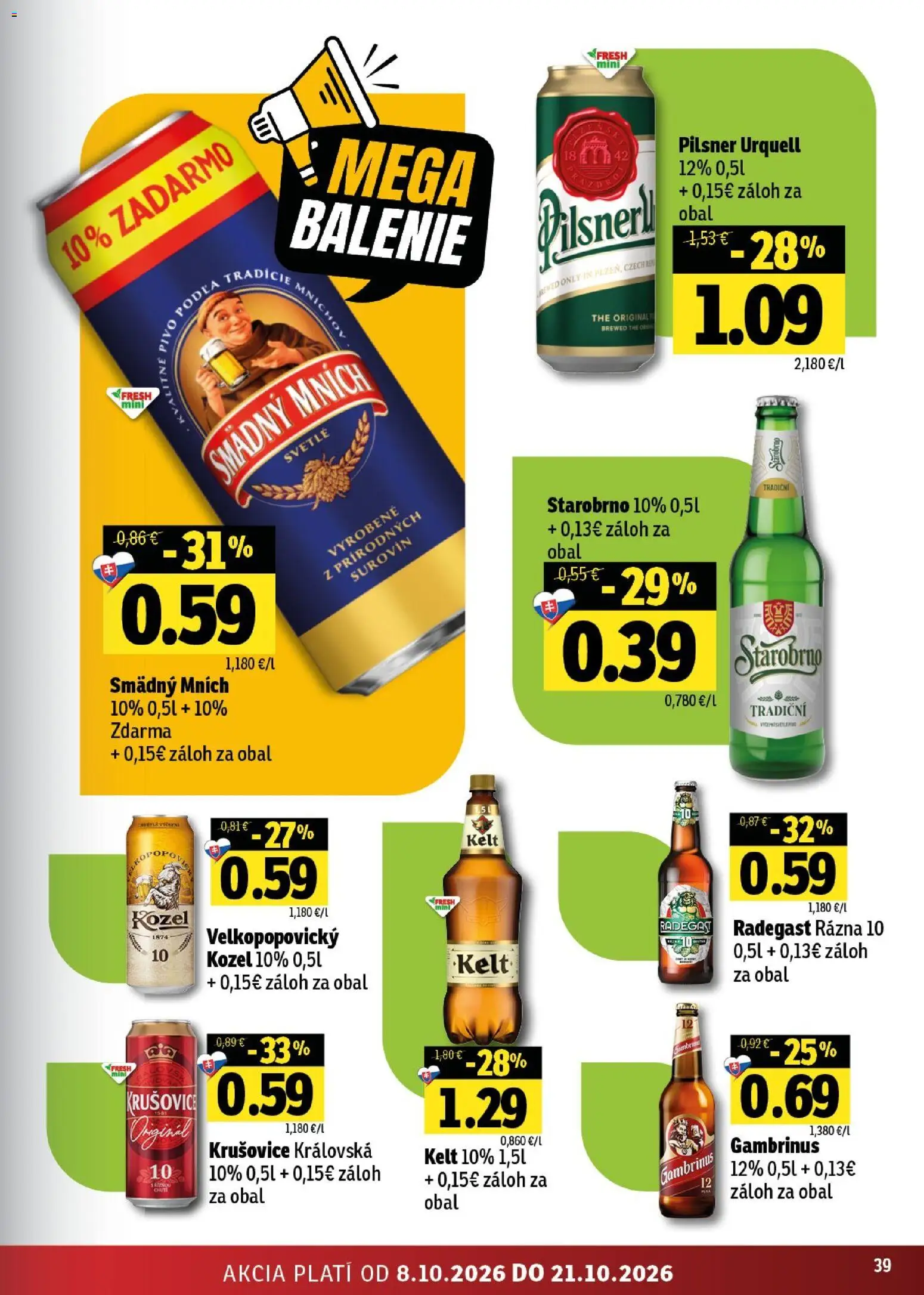 Náhľad Fresh letáku platného od 08.10.2026 - Pilsner Urquell, Radegast, Krušovice, Gambrinus, Kelt, Smädný Mních