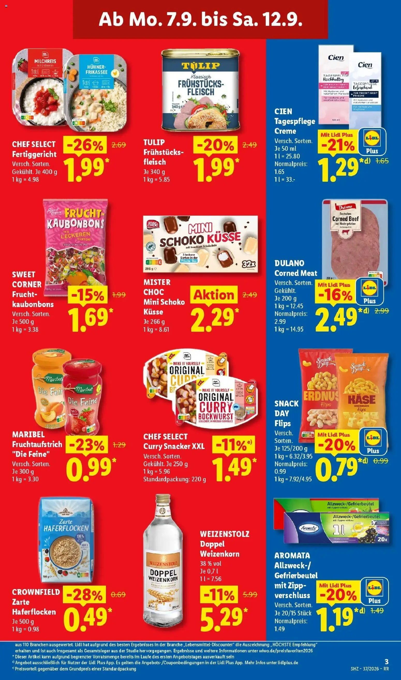 Vorschau von dem Prospekt des Geschäftes Lidl, gültig ab dem 07.09.2026 - Chips, Käse, Schokolade, Erdbeeren, Fleisch, Box, Bockwurst, Creme