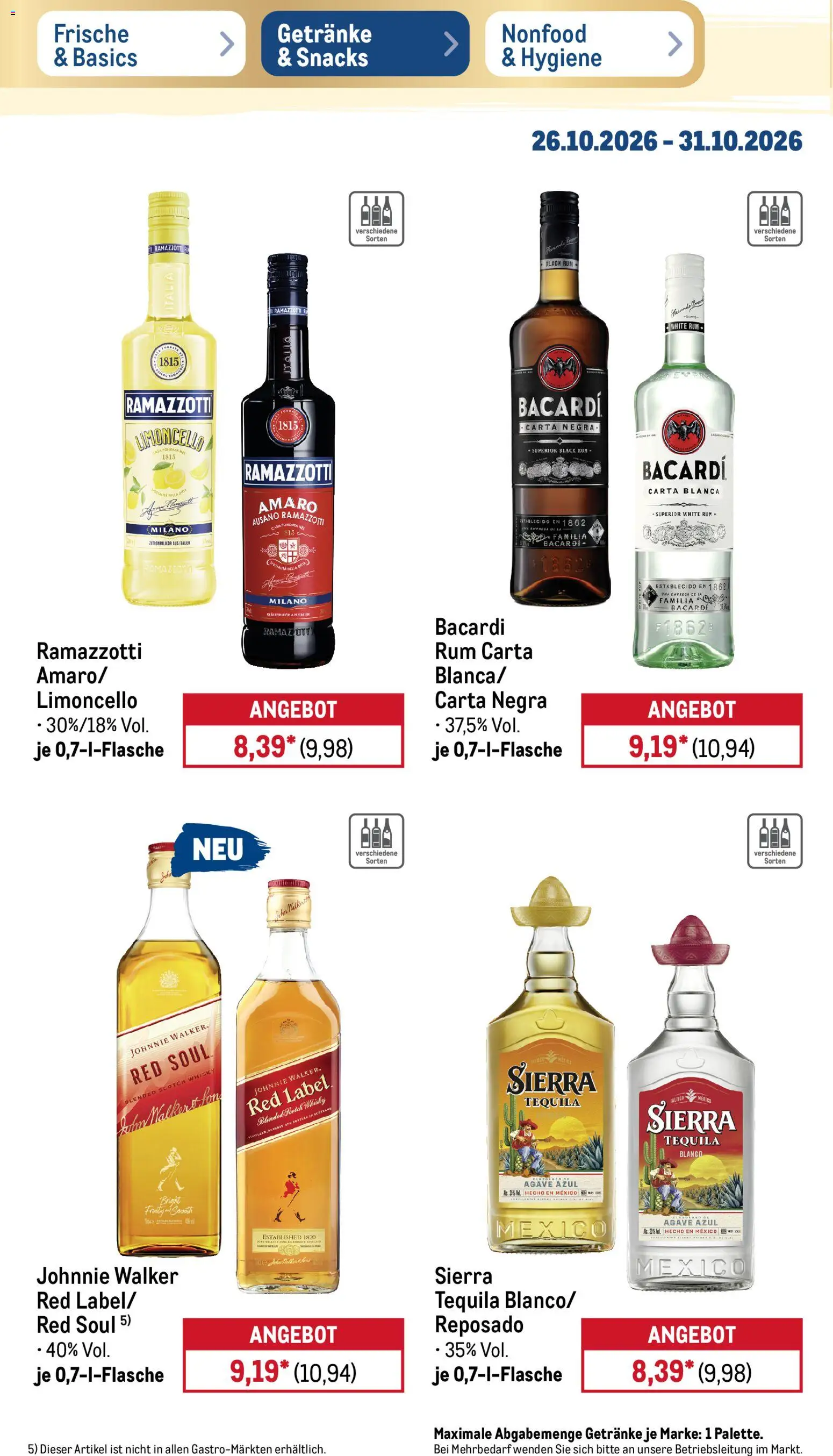 Vorschau von dem Prospekt des Geschäftes Metro, gültig ab dem 26.10.2026 - Whisky, Limoncello, Tequila, Ramazzotti, Bacardi, Rum, Johnnie walker